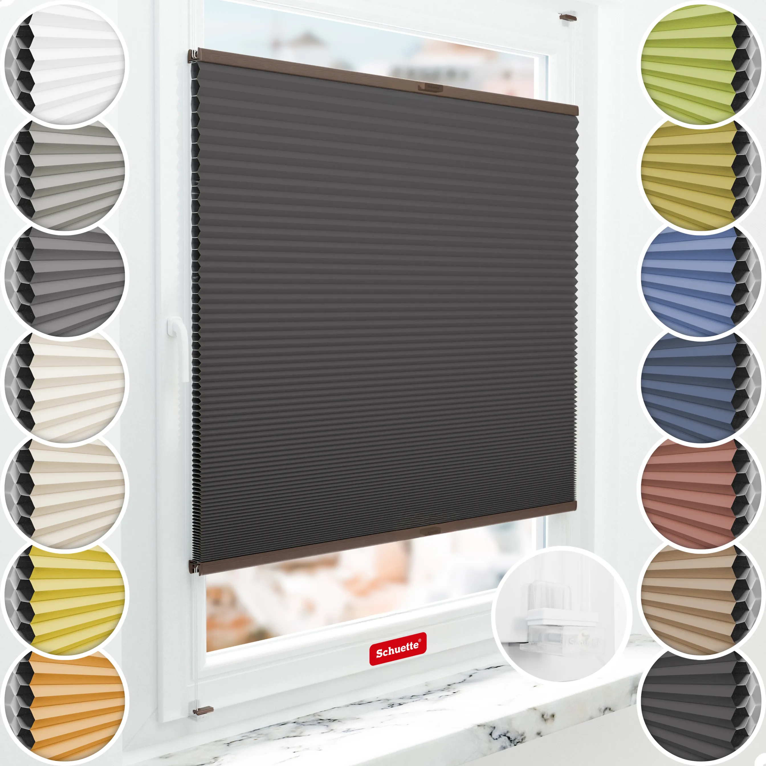 Schuette® Wabenplissee ohne Bohren nach Maß • Suprafix Klemmhalter “Incognito X" • Honey Kollektion: Starry Night (Schwarz) • Profilfarbe: Walnuss