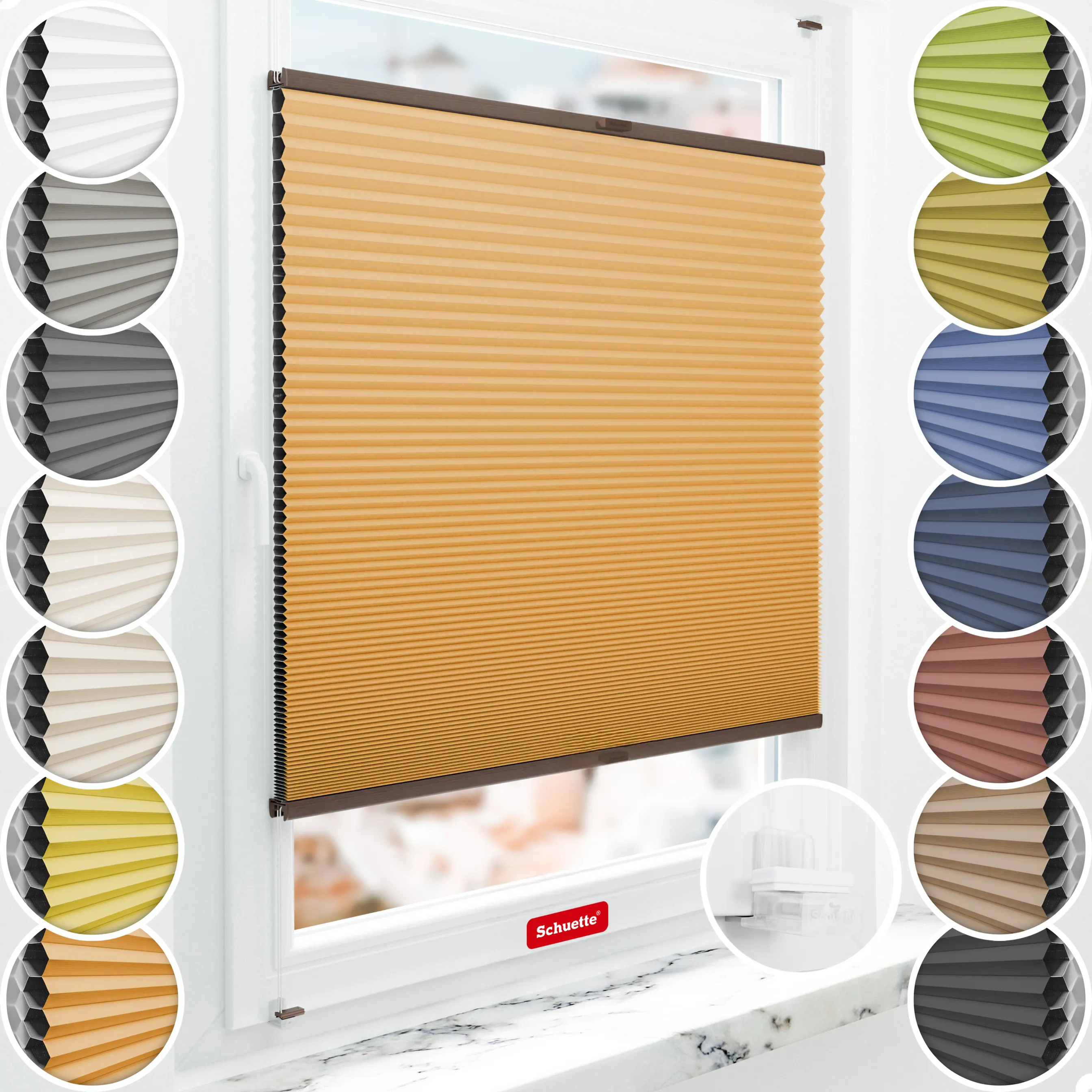 Schuette® Wabenplissee ohne Bohren nach Maß • Suprafix Klemmhalter “Incognito X" • Honey Kollektion: Citrus Glow (Orange) • Profilfarbe: Walnuss
