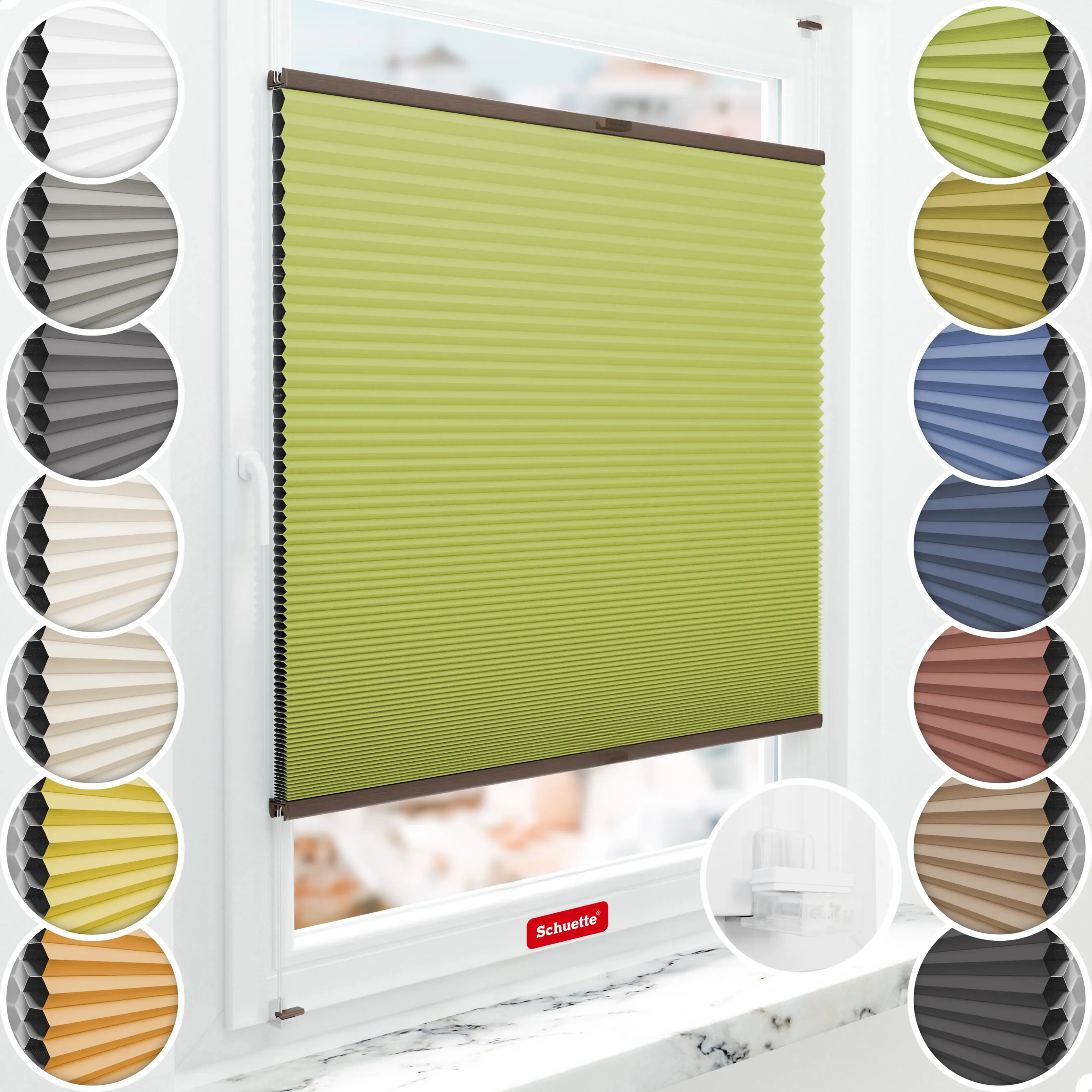 Schuette® Wabenplissee ohne Bohren nach Maß • Suprafix Klemmhalter “Incognito X" • Honey Kollektion: Green Tea (Grün) • Profilfarbe: Walnuss