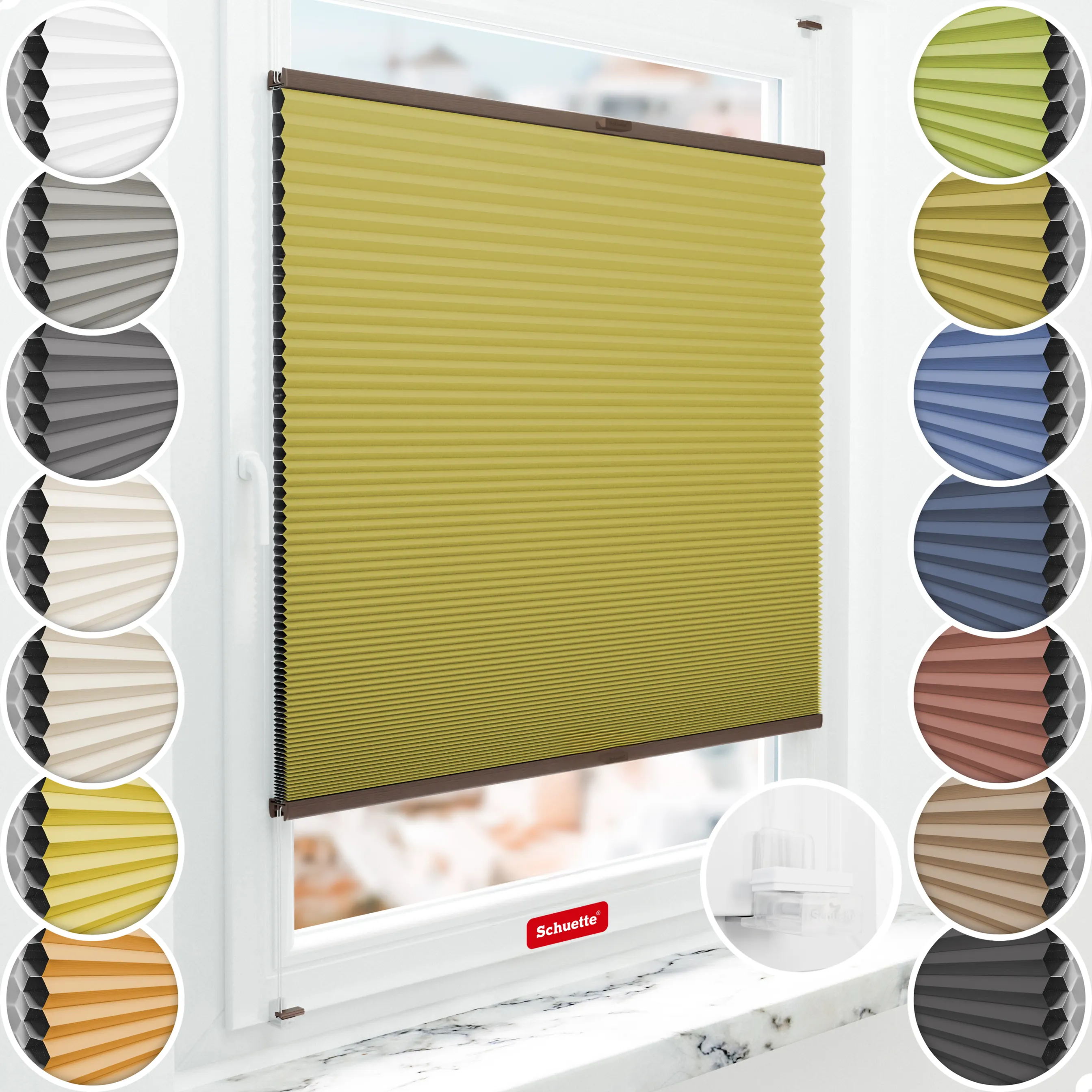 Schuette® Wabenplissee ohne Bohren nach Maß • Suprafix Klemmhalter “Incognito X" • Honey Kollektion: Olive Branch (Olivgrün) • Profilfarbe: Walnuss