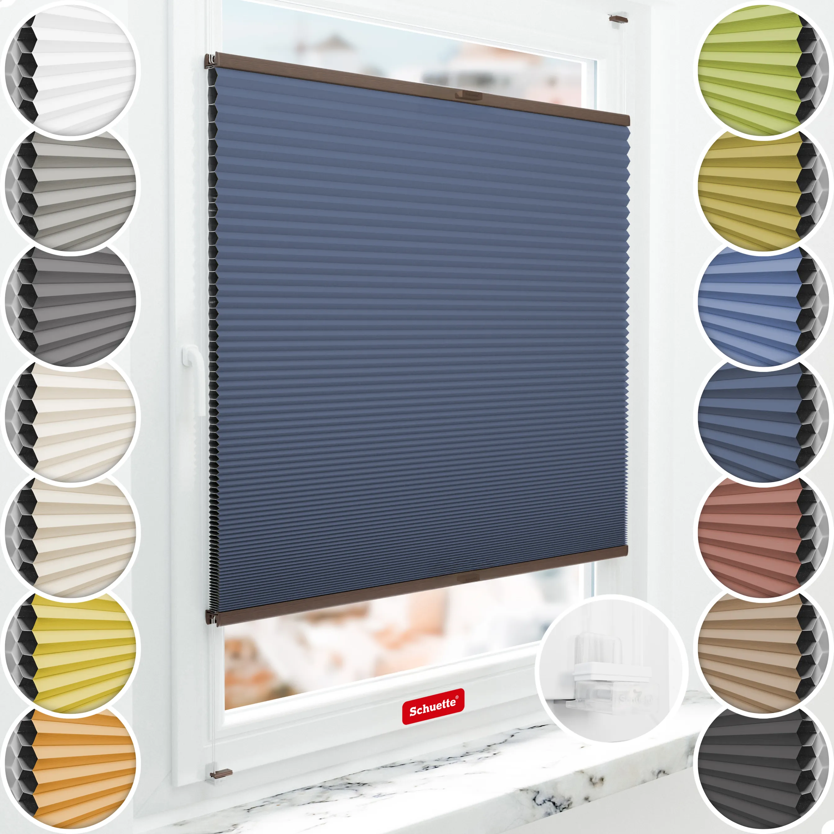 Schuette® Wabenplissee ohne Bohren nach Maß • Suprafix Klemmhalter “Incognito X" • Honey Kollektion: Arctic Ocean (Dunkelblau) • Profilfarbe: Walnuss