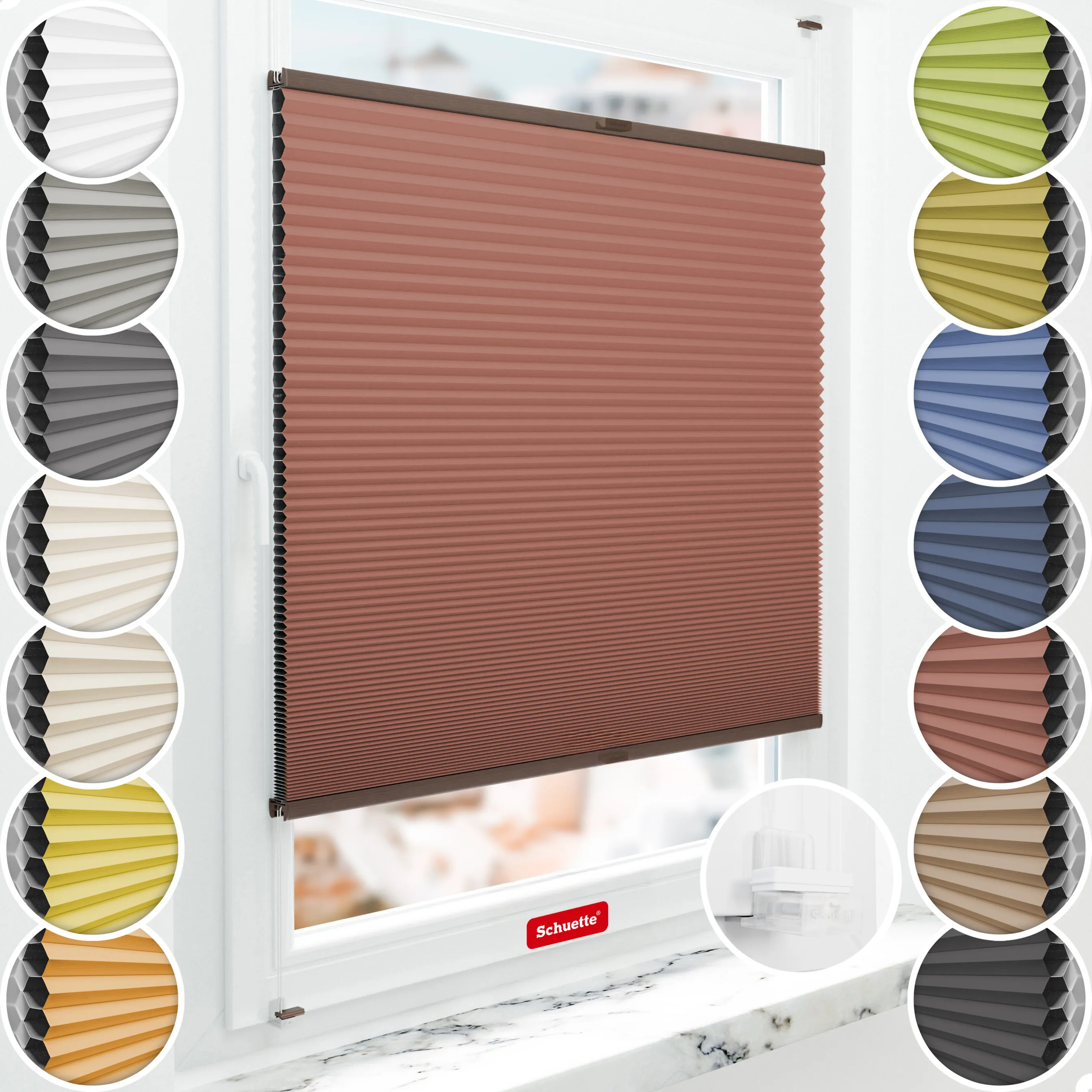 Schuette® Wabenplissee ohne Bohren nach Maß • Suprafix Klemmhalter “Incognito X" • Honey Kollektion: Poppy Petal (Dunkelrot) • Profilfarbe: Walnuss