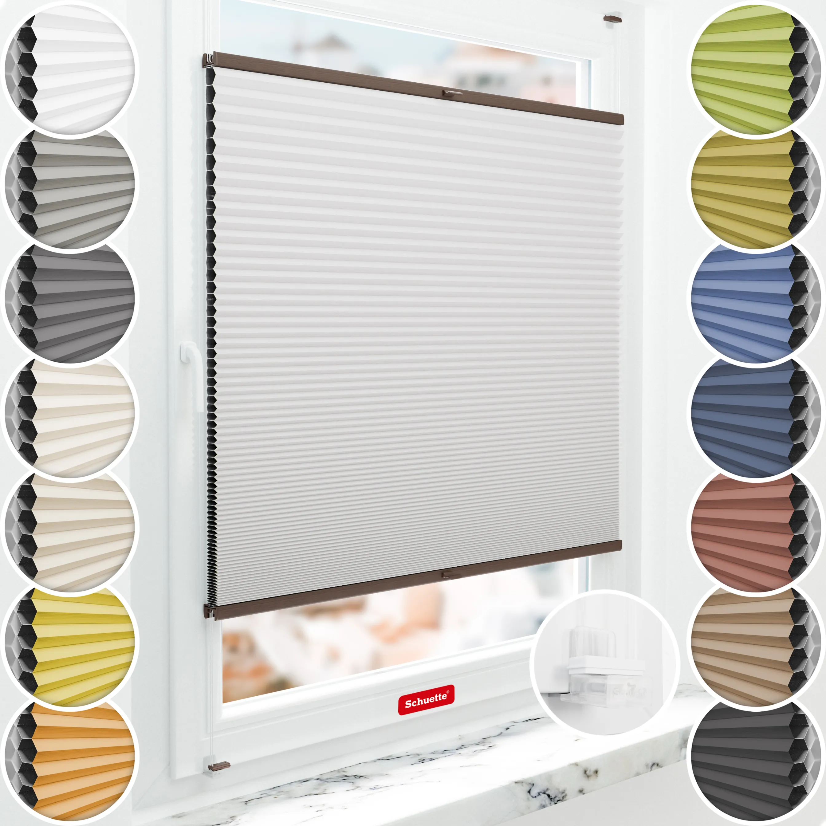 Schuette® Wabenplissee ohne Bohren nach Maß • Suprafix Klemmhalter “Incognito X" • Honey Kollektion: Gray-zy in Love (Pastellgrau) • Profilfarbe: Walnuss