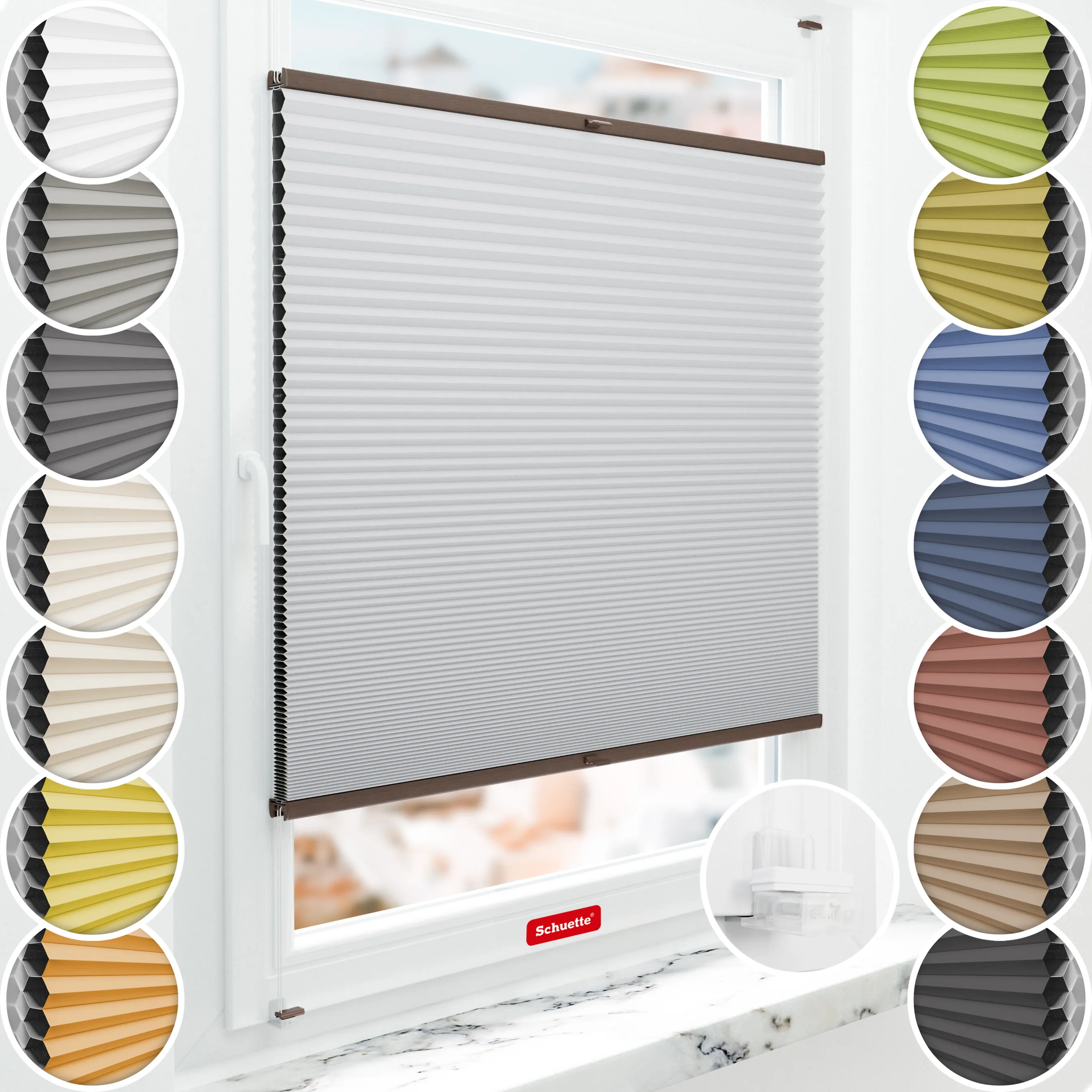 Schuette® Wabenplissee ohne Bohren nach Maß • Suprafix Klemmhalter “Incognito X" • Honey Kollektion: Skyfall (Hellgrau) • Profilfarbe: Walnuss