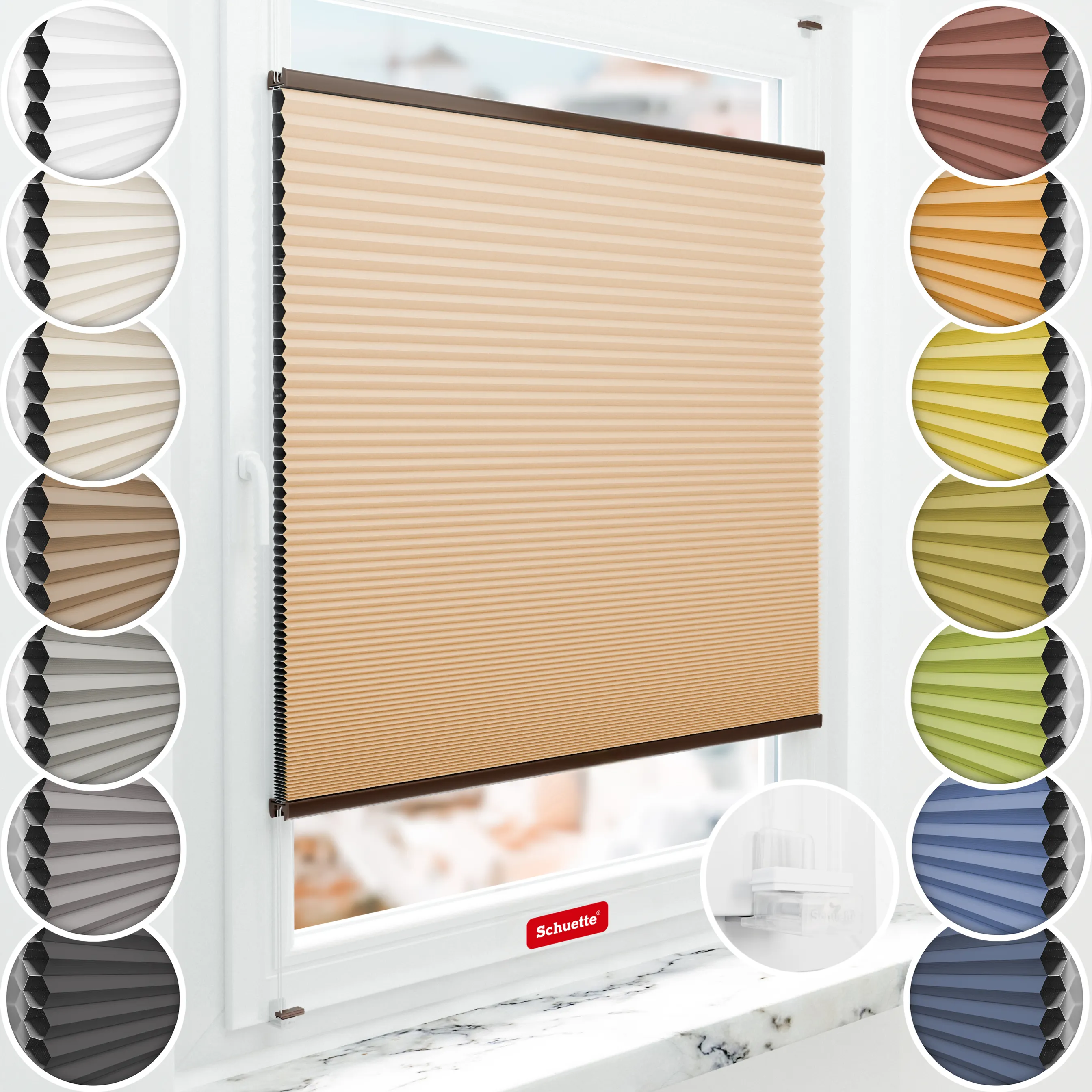 Schuette® Wabenplissee ohne Bohren nach Maß • Suprafix Klemmhalter “Incognito X" • Honey Kollektion: Honeywood (Sand) • Profilfarbe: Walnuss