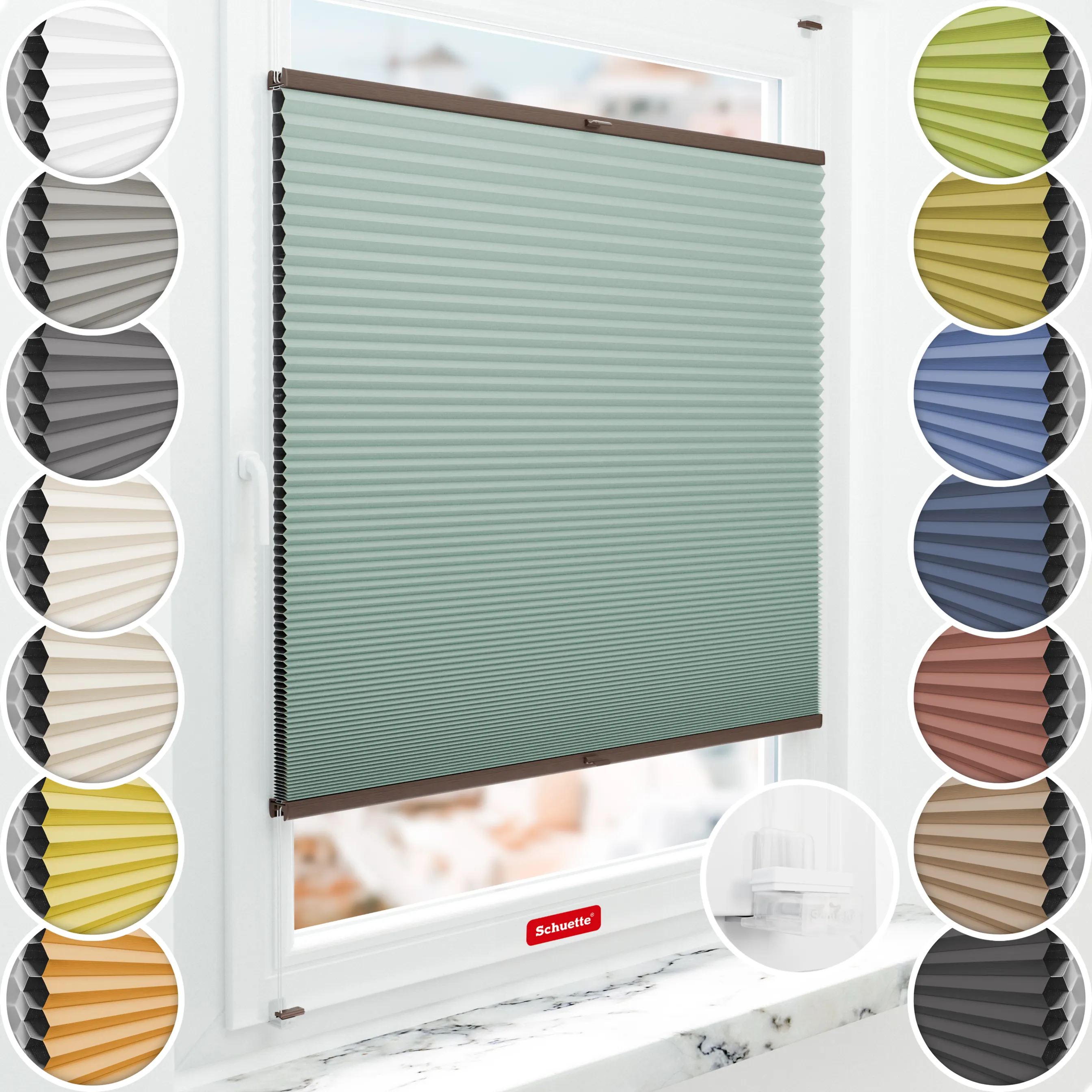 Schuette® Wabenplissee ohne Bohren nach Maß • Suprafix Klemmhalter “Incognito X" • Honey Kollektion: Wicked Emerald (Blassgrün) • Profilfarbe: Walnuss