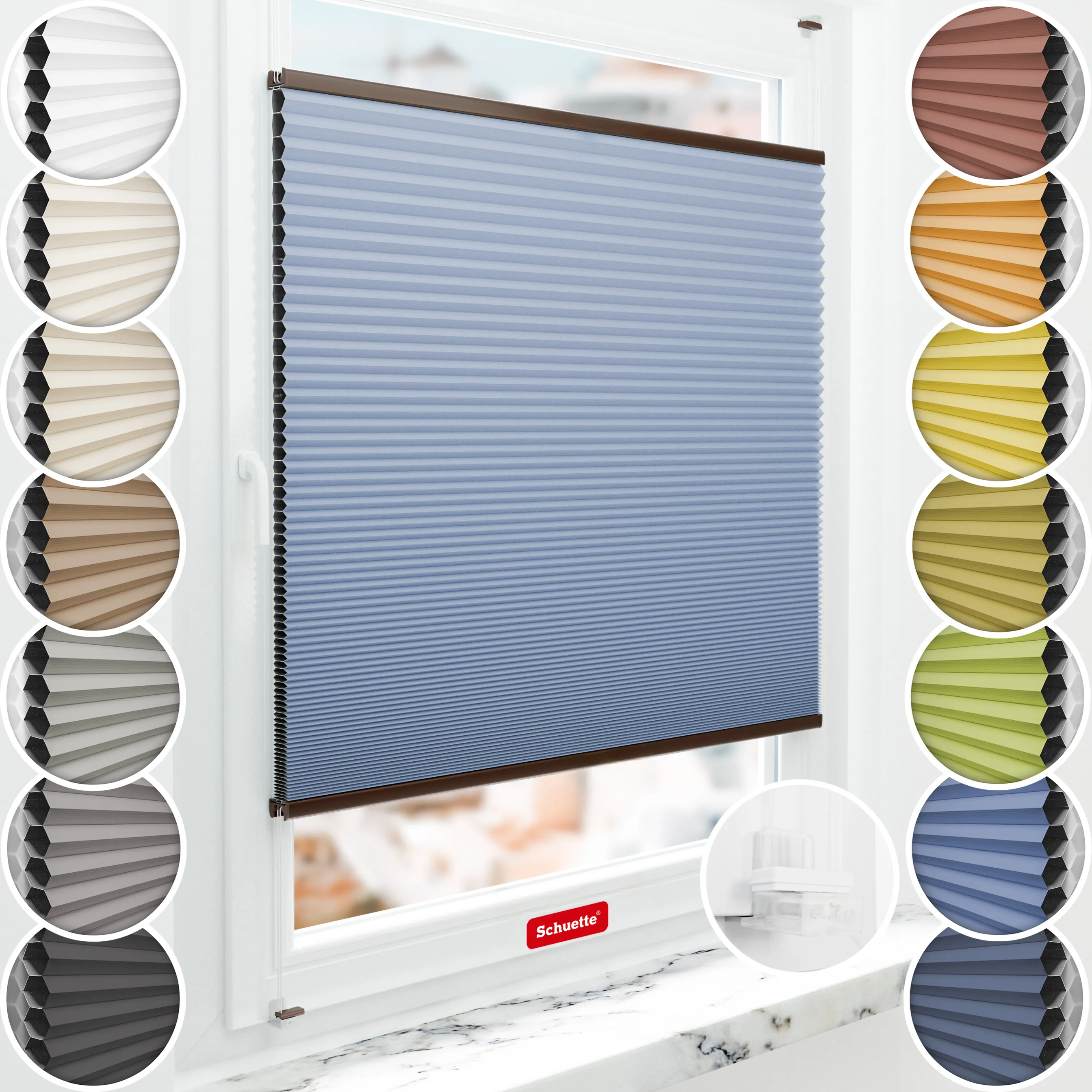 Schuette® Wabenplissee ohne Bohren nach Maß • Suprafix Klemmhalter “Incognito X" • Honey Kollektion: Ocean Drive (Hellblau) • Profilfarbe: Walnuss