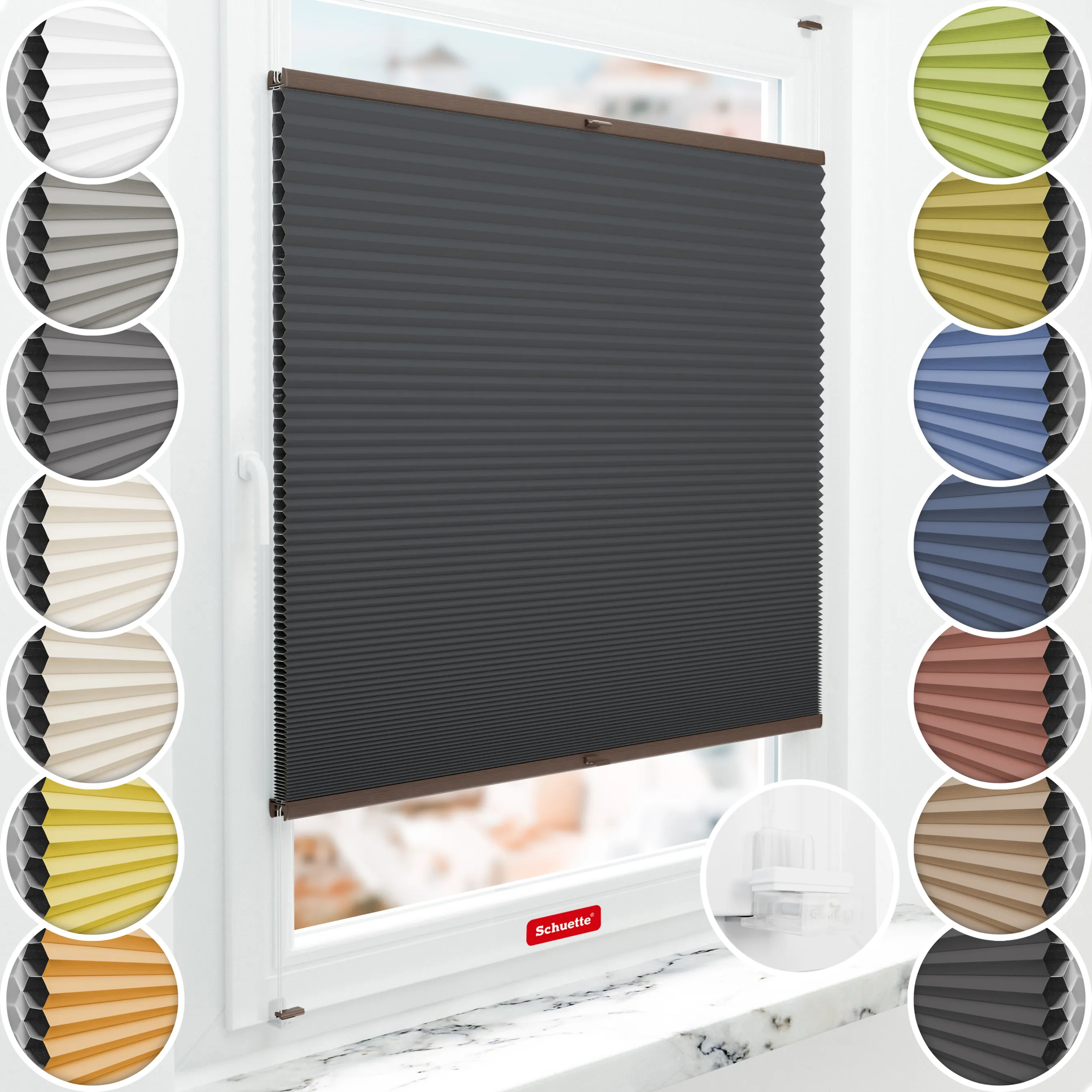 Schuette® Wabenplissee ohne Bohren nach Maß • Suprafix Klemmhalter “Incognito X" • Honey Kollektion: Night Rider (Anthrazit) • Profilfarbe: Walnuss