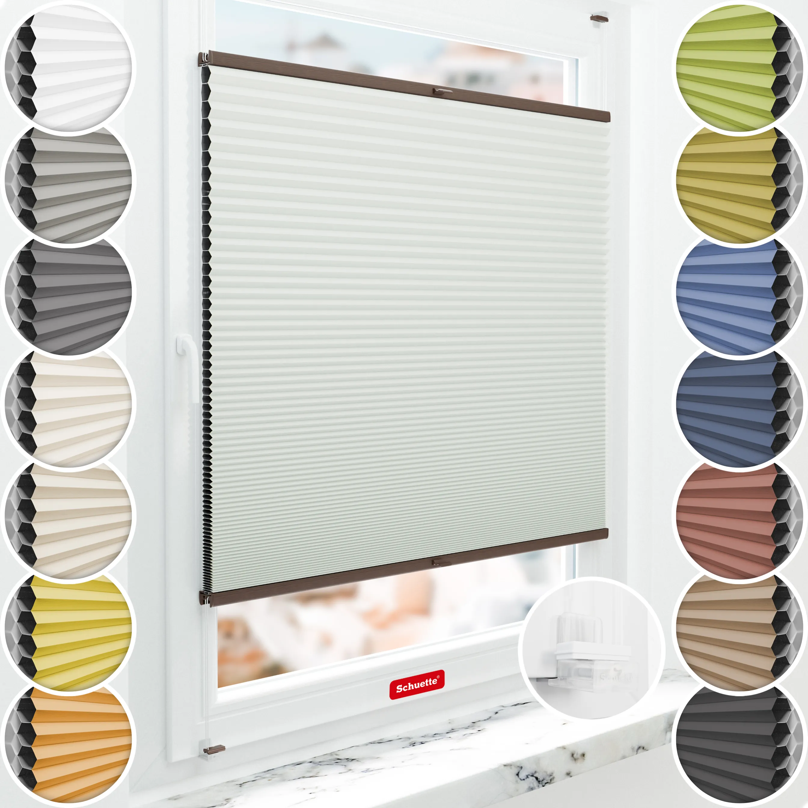 Schuette® Wabenplissee ohne Bohren nach Maß • Suprafix Klemmhalter “Incognito X" • Honey Kollektion: Tinkerbell Twinkle (Pastellgrün) • Profilfarbe: Walnuss