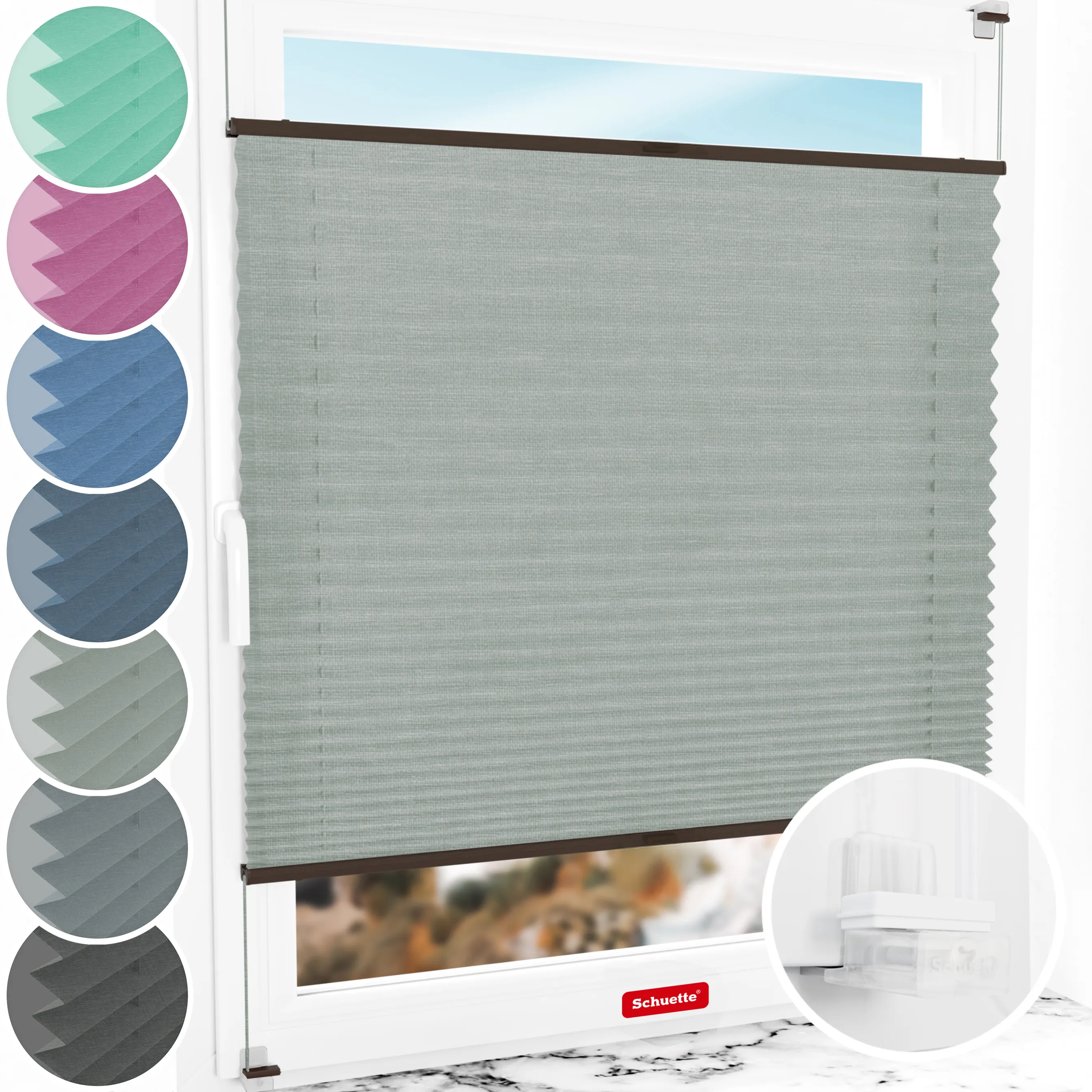 Schuette® Plissee ohne Bohren nach Maß • Suprafix Klemmhalter “Incognito X" • Melange Kollektion: On The Road (Grau) • Profilfarbe: Walnuss