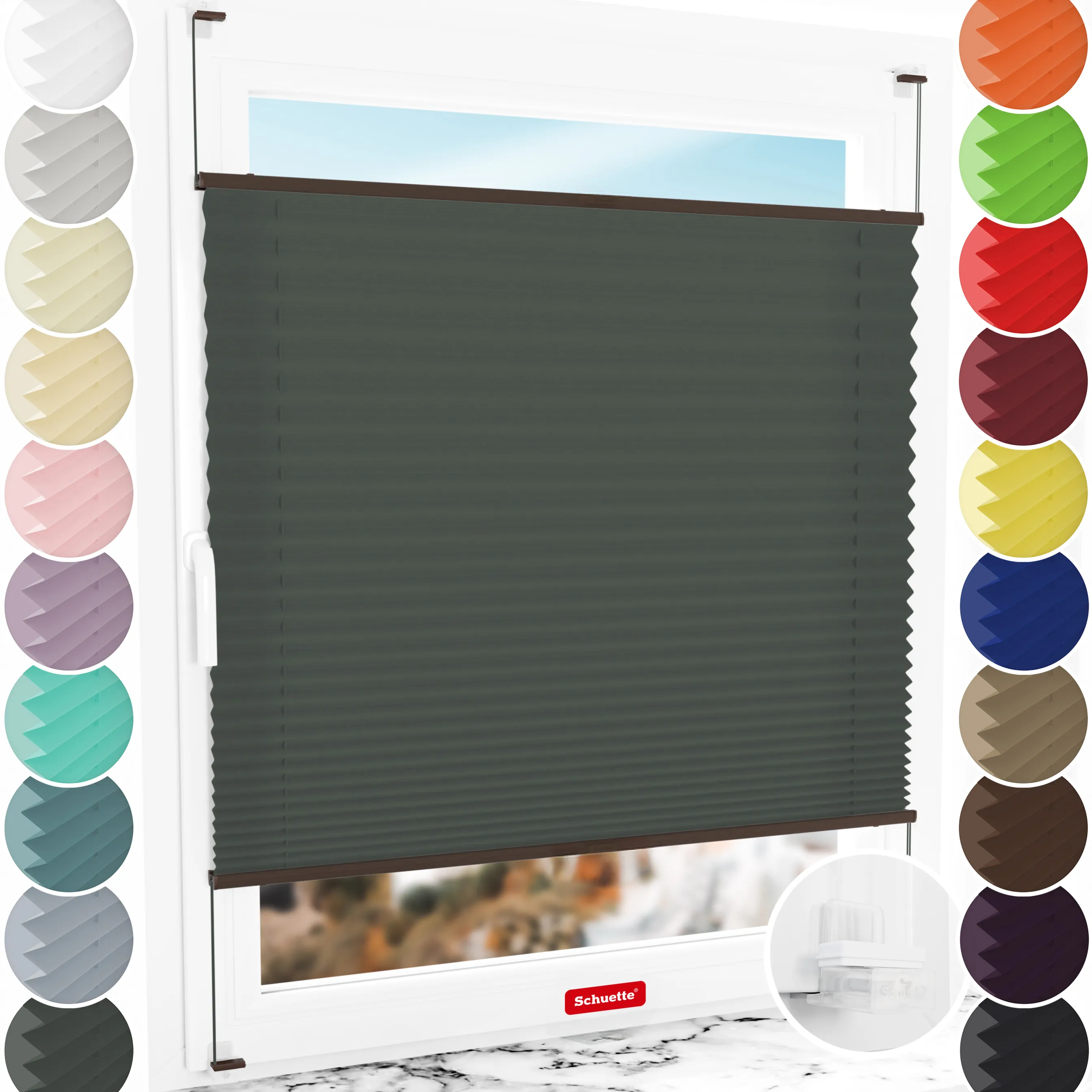 Schuette® Plissee ohne Bohren nach Maß • Suprafix Klemmhalter “Incognito X" • Premium Kollektion: Rocky Mountain (Graphit) • Profilfarbe: Walnuss