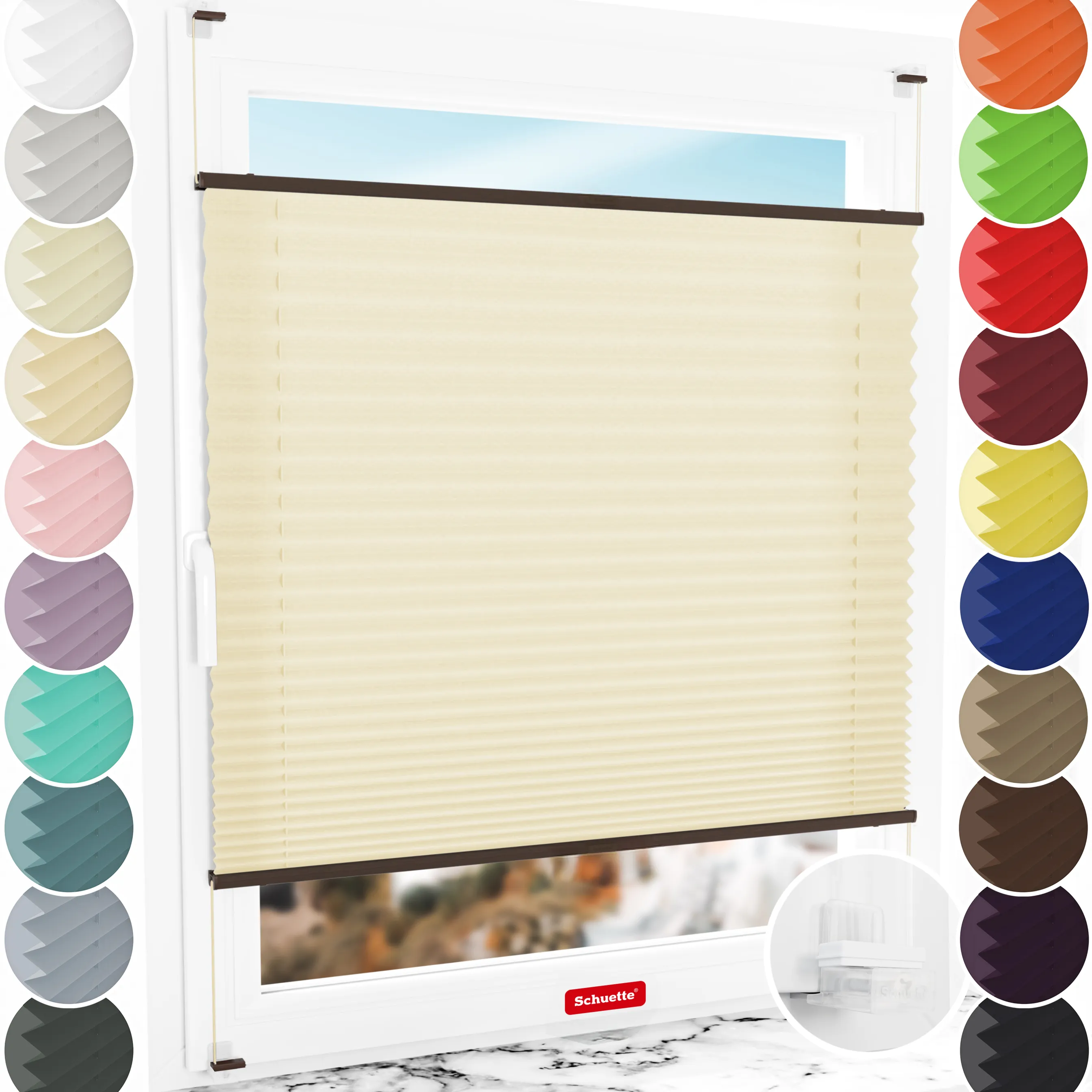 Schuette® Plissee ohne Bohren nach Maß • Suprafix Klemmhalter “Incognito X" • Premium Kollektion: Sahara's Sand • Profilfarbe: Walnuss