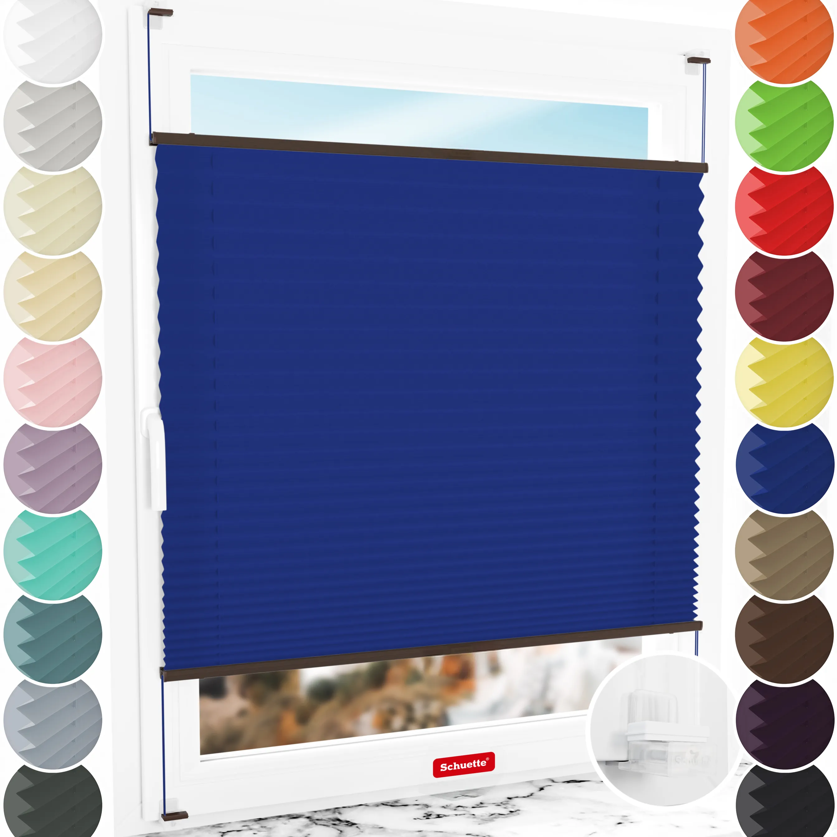 Schuette® Plissee ohne Bohren nach Maß • Suprafix Klemmhalter “Incognito X" • Premium Kollektion: Deep Lagoon (Blau) • Profilfarbe: Walnuss