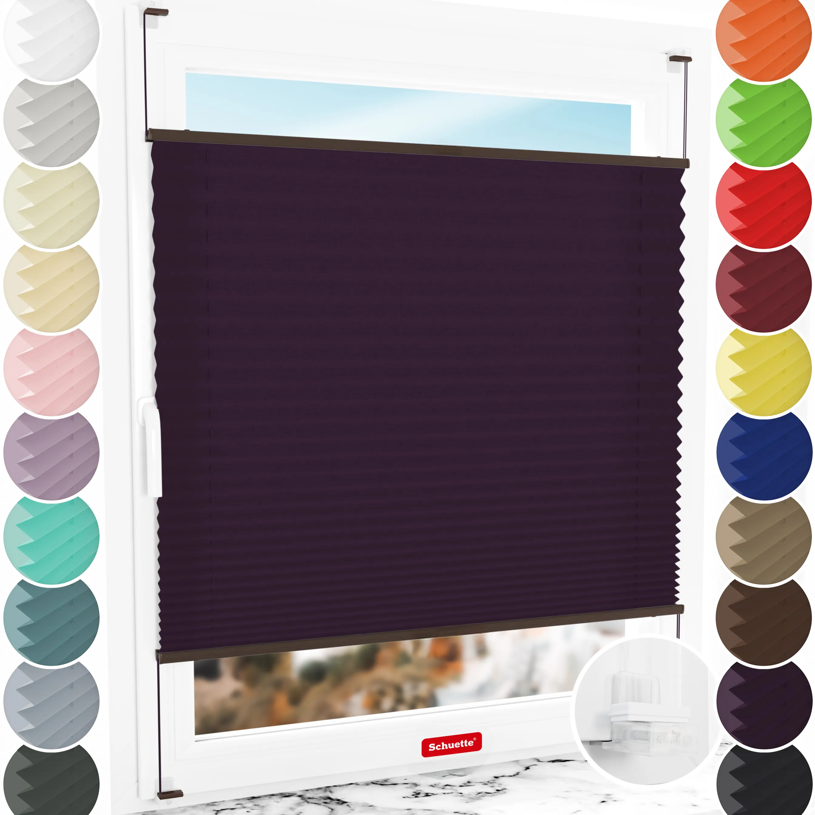 Schuette® Plissee ohne Bohren nach Maß • Suprafix Klemmhalter “Incognito X" • Premium Kollektion: Midnight Muse (Violet) • Profilfarbe: Walnuss