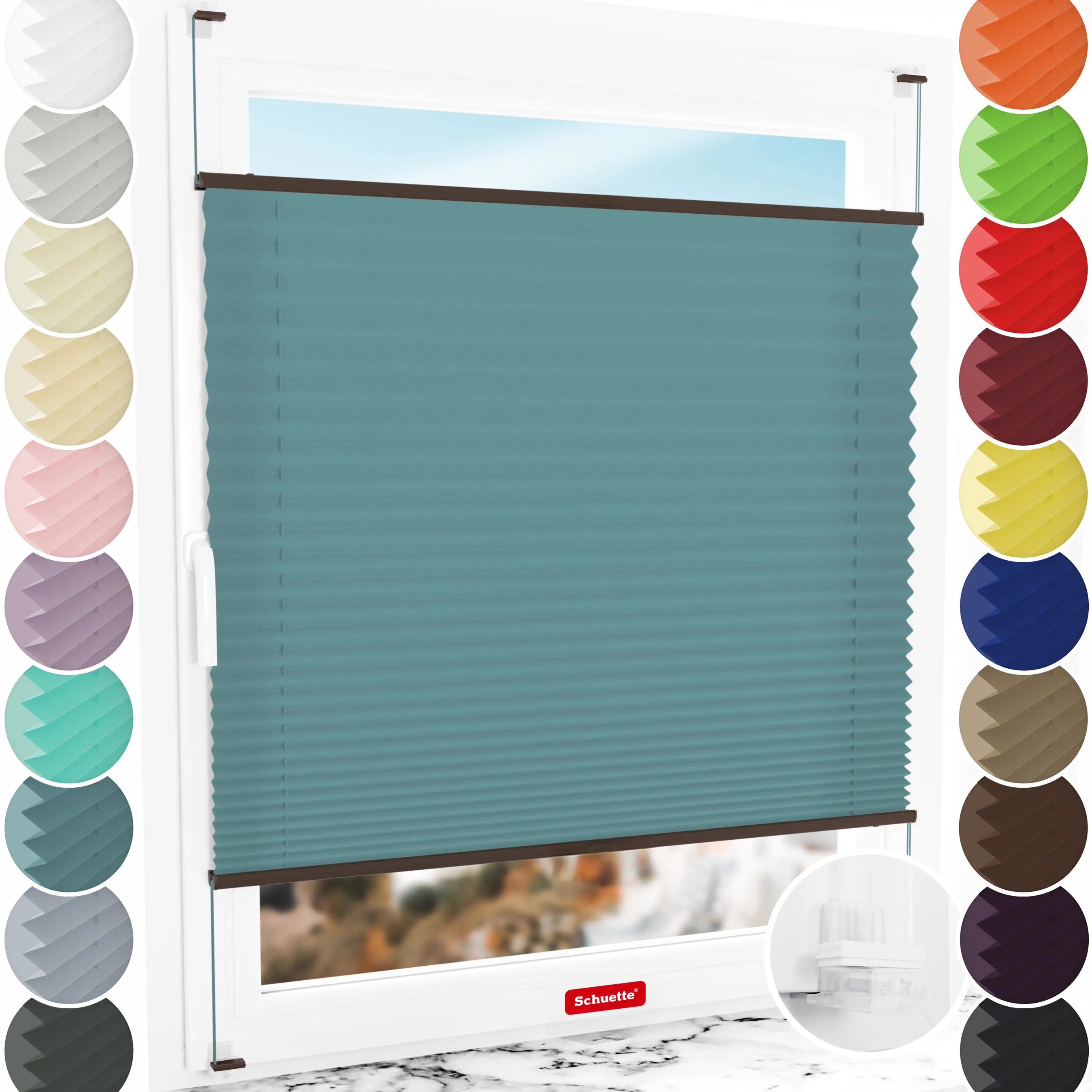 Schuette® Plissee ohne Bohren nach Maß • Suprafix Klemmhalter “Incognito X" • Premium Kollektion: Cove Calm (Taubenblau) • Profilfarbe: Walnuss
