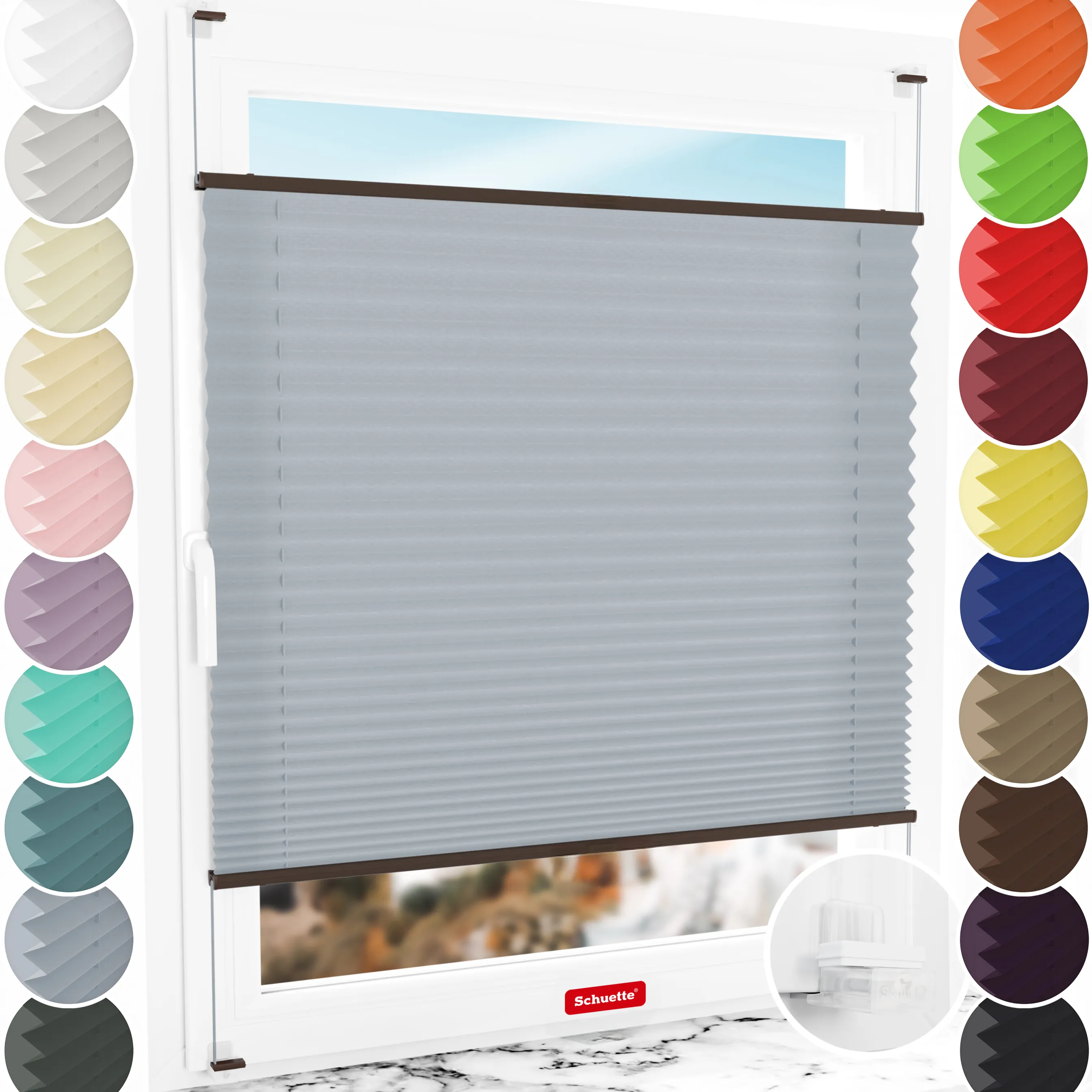 Schuette® Plissee ohne Bohren nach Maß • Suprafix Klemmhalter “Incognito X" • Premium Kollektion: Silver Sonata (Grau) • Profilfarbe: Walnuss