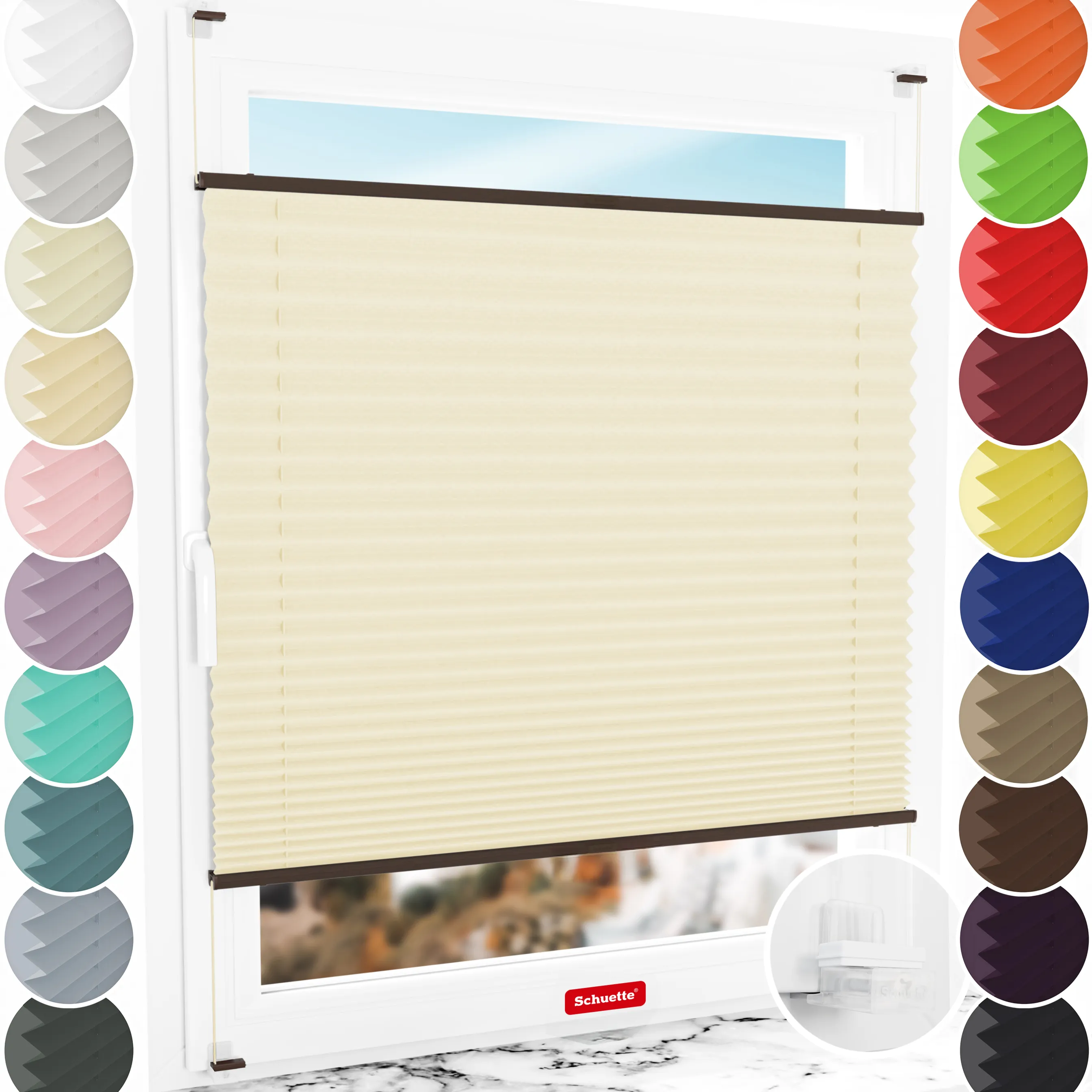 Schuette® Plissee ohne Bohren nach Maß • Suprafix Klemmhalter “Incognito X" • Thermo Kollektion: Milk Tea (Beige) • Profilfarbe: Walnuss