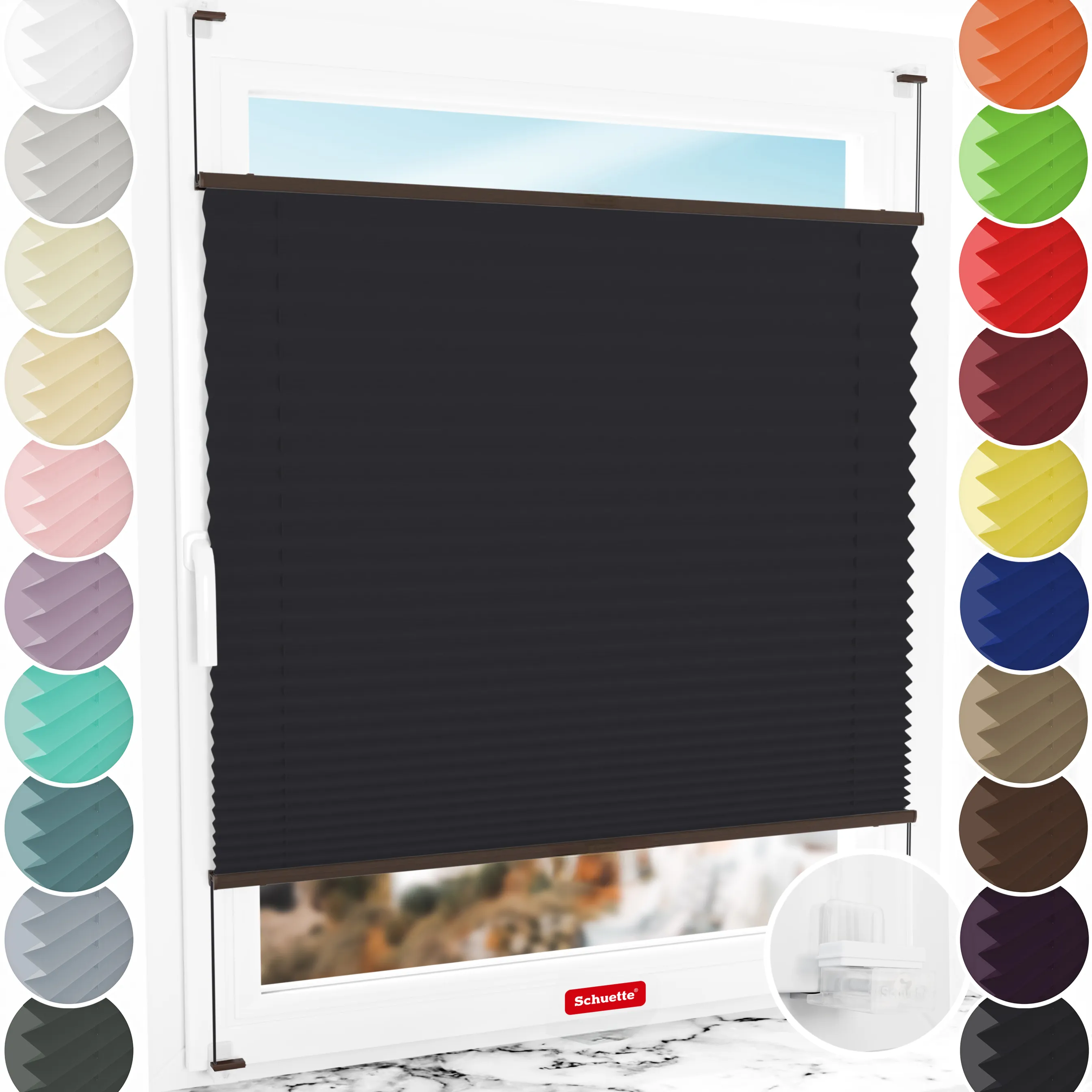 Schuette® Plissee ohne Bohren nach Maß • Suprafix Klemmhalter “Incognito X" • Thermo Kollektion: Dark Night (Schwarz) • Profilfarbe: Walnuss