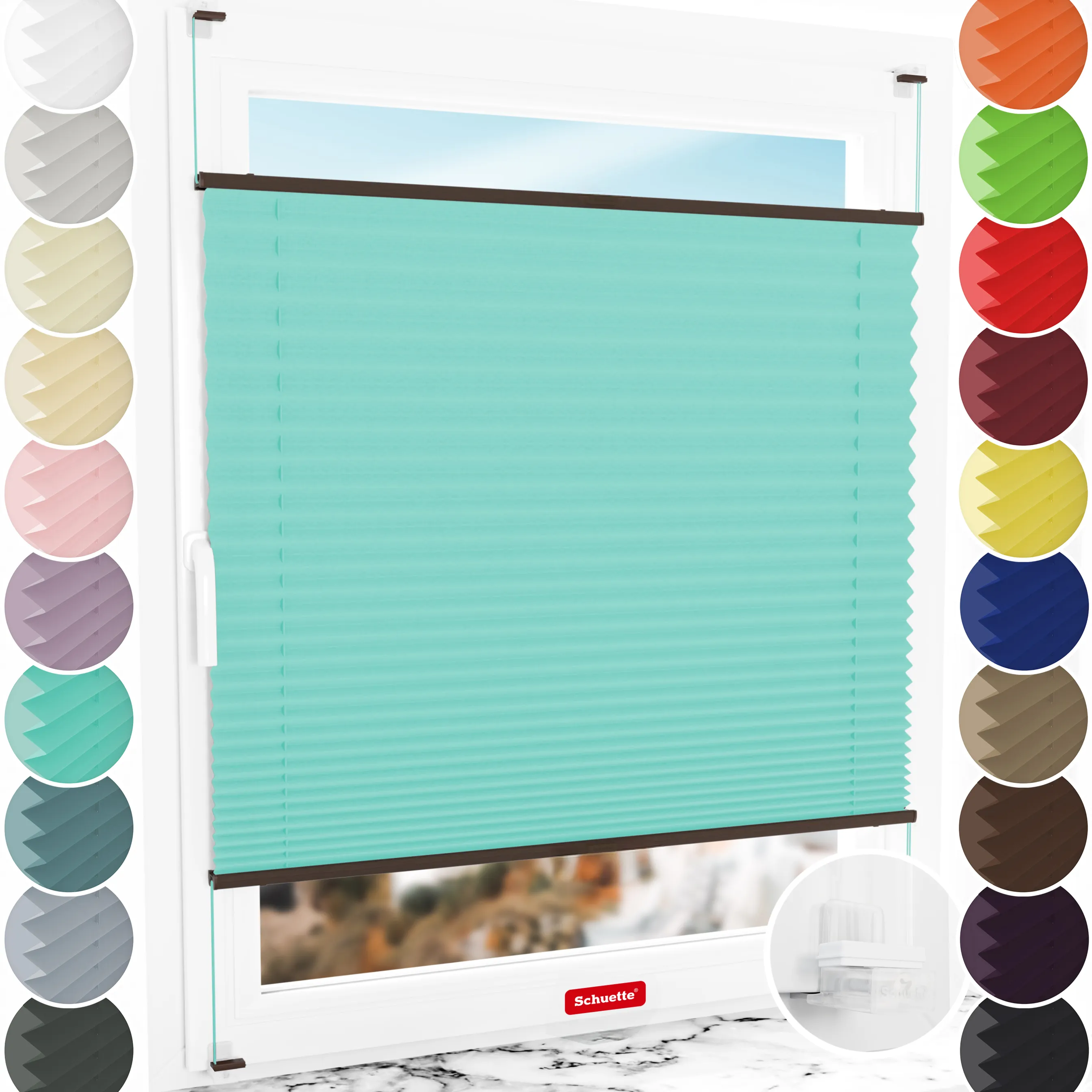 Schuette® Plissee ohne Bohren nach Maß • Suprafix Klemmhalter “Incognito X" • Thermo Kollektion: Tide Tune (Türkis) • Profilfarbe: Walnuss