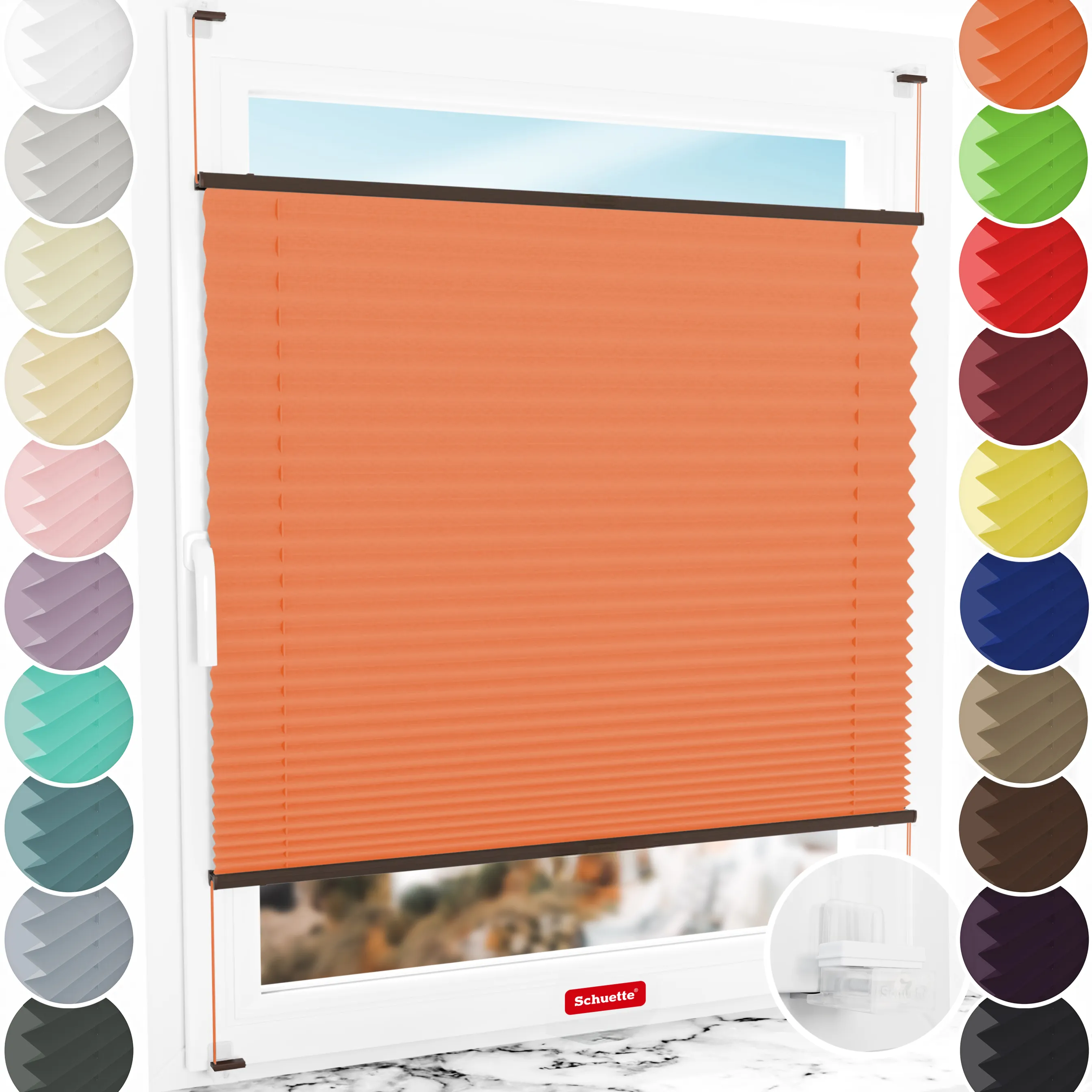 Schuette® Plissee ohne Bohren nach Maß • Suprafix Klemmhalter “Incognito X" • Thermo Kollektion: Peach (Orange) • Profilfarbe: Walnuss
