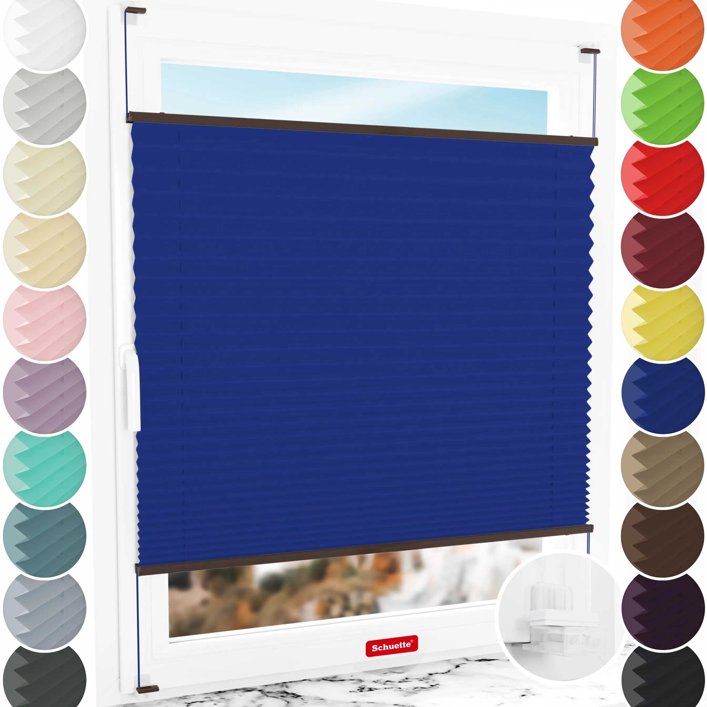 Schuette® Plissee ohne Bohren nach Maß • Suprafix Klemmhalter “Incognito X" • Thermo Kollektion: Wave Waltz (Blau) • Profilfarbe: Walnuss