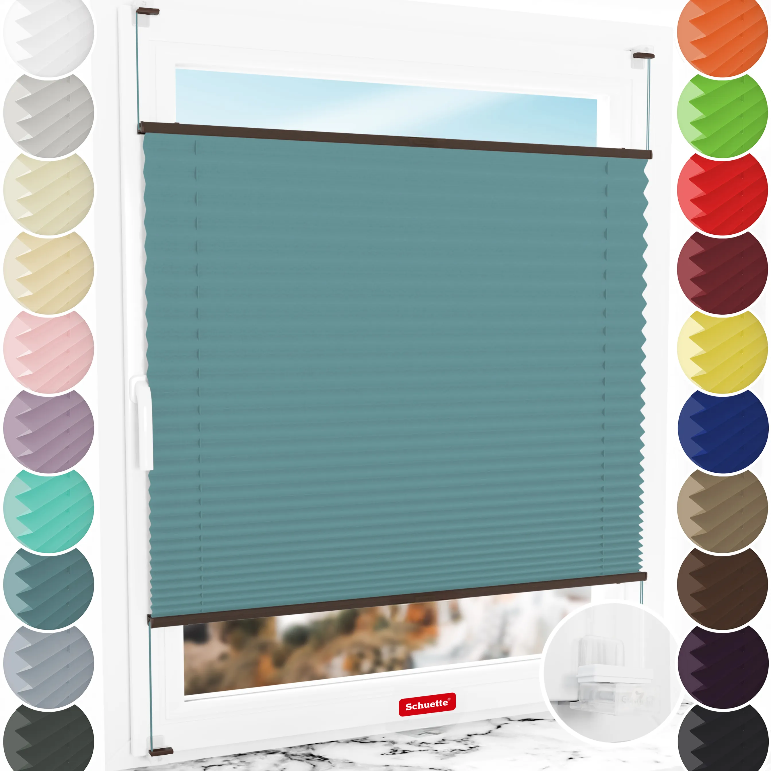 Schuette® Plissee ohne Bohren nach Maß • Suprafix Klemmhalter “Incognito X" • Thermo Kollektion: Teal Aura (Türkis) • Profilfarbe: Walnuss
