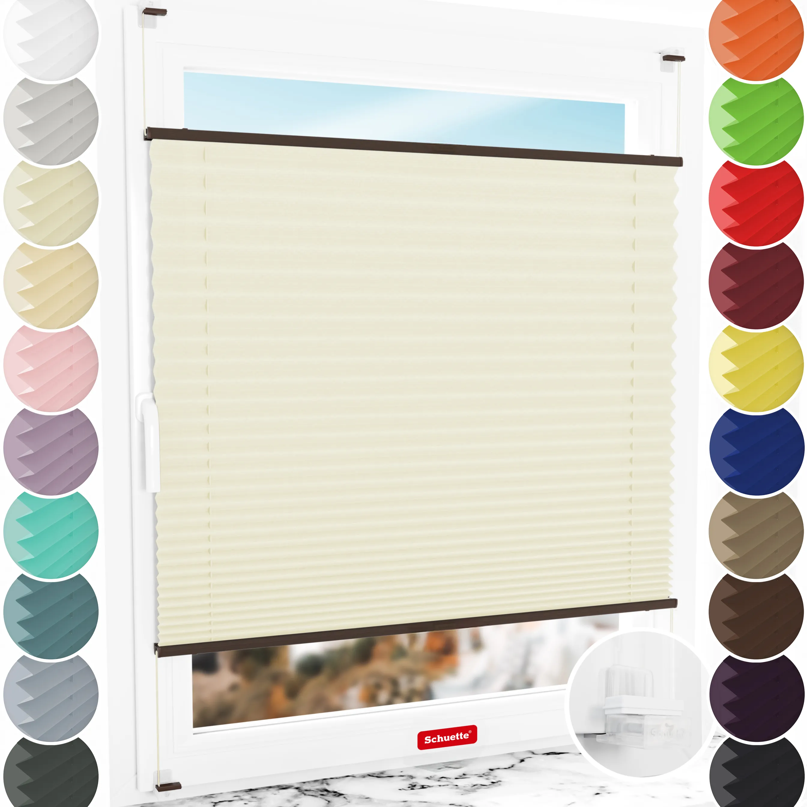 Schuette® Plissee ohne Bohren nach Maß • Suprafix Klemmhalter “Incognito X" • Thermo Kollektion: Sandstone (Beige) • Profilfarbe: Walnuss