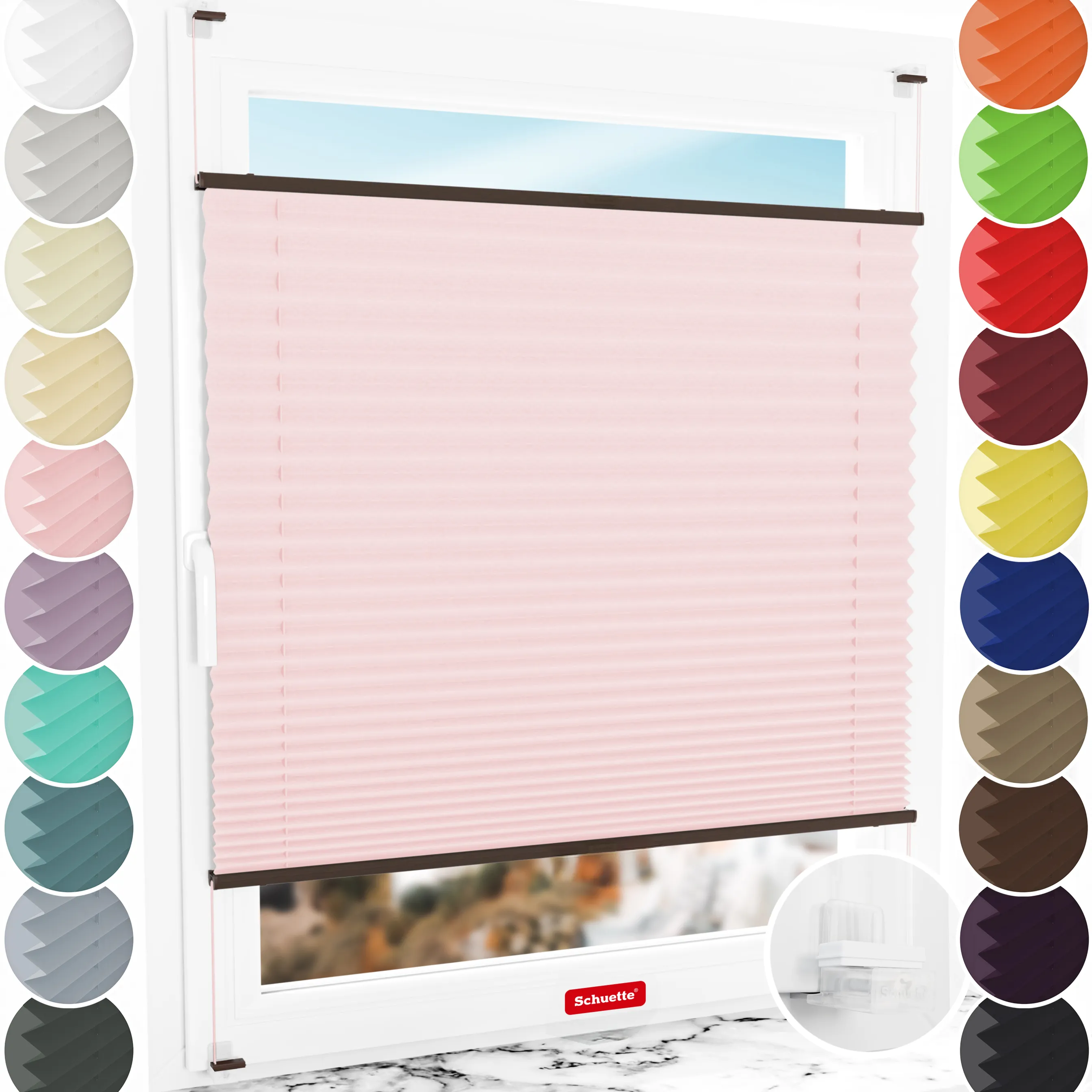 Schuette® Plissee ohne Bohren nach Maß • Suprafix Klemmhalter “Incognito X" • Thermo Kollektion: Rosewater (Rosa) • Profilfarbe: Walnuss