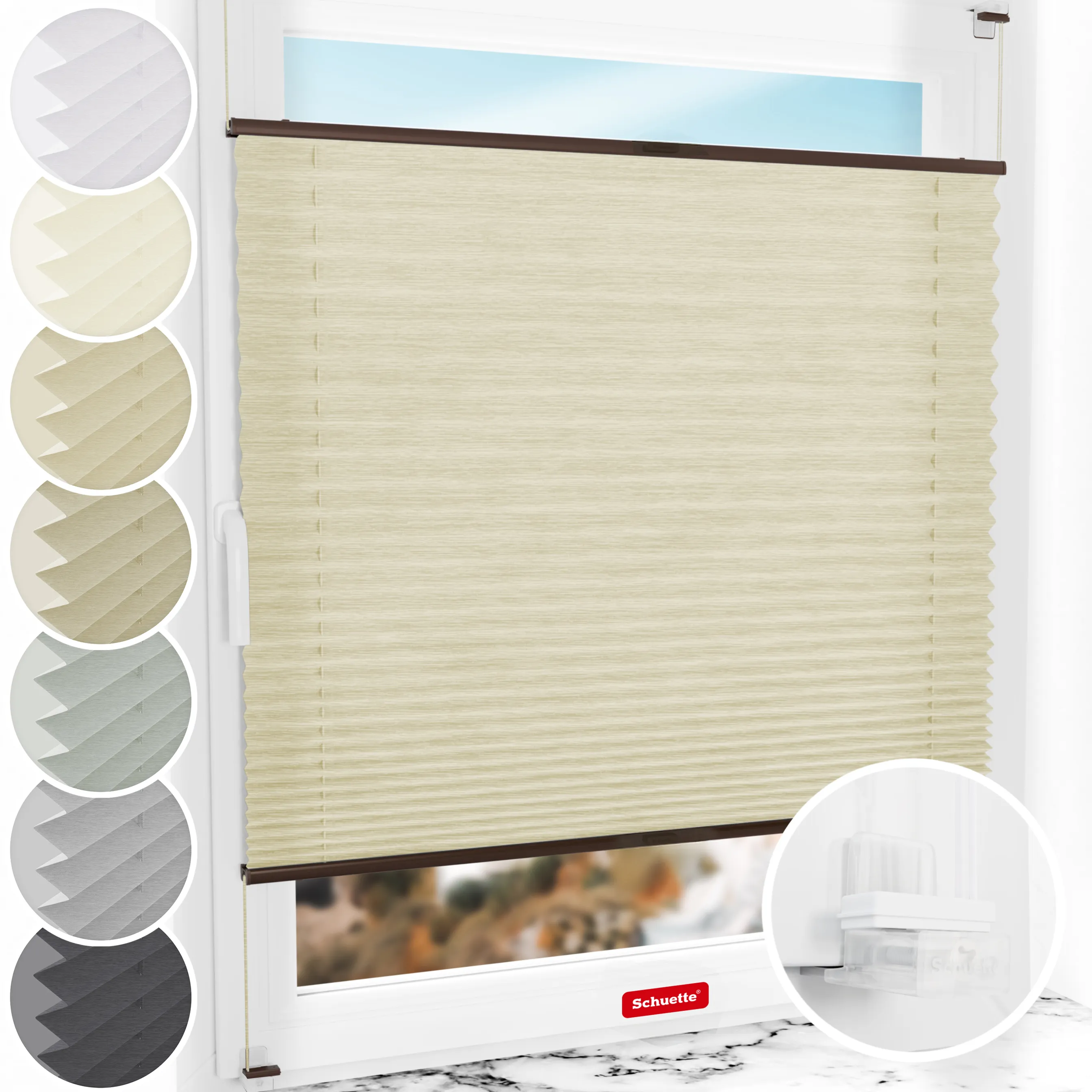Schuette® Plissee ohne Bohren nach Maß • Suprafix Klemmhalter “Incognito X" • Dolomite Kollektion: Wet Stand (Beige) • Profilfarbe: Braun