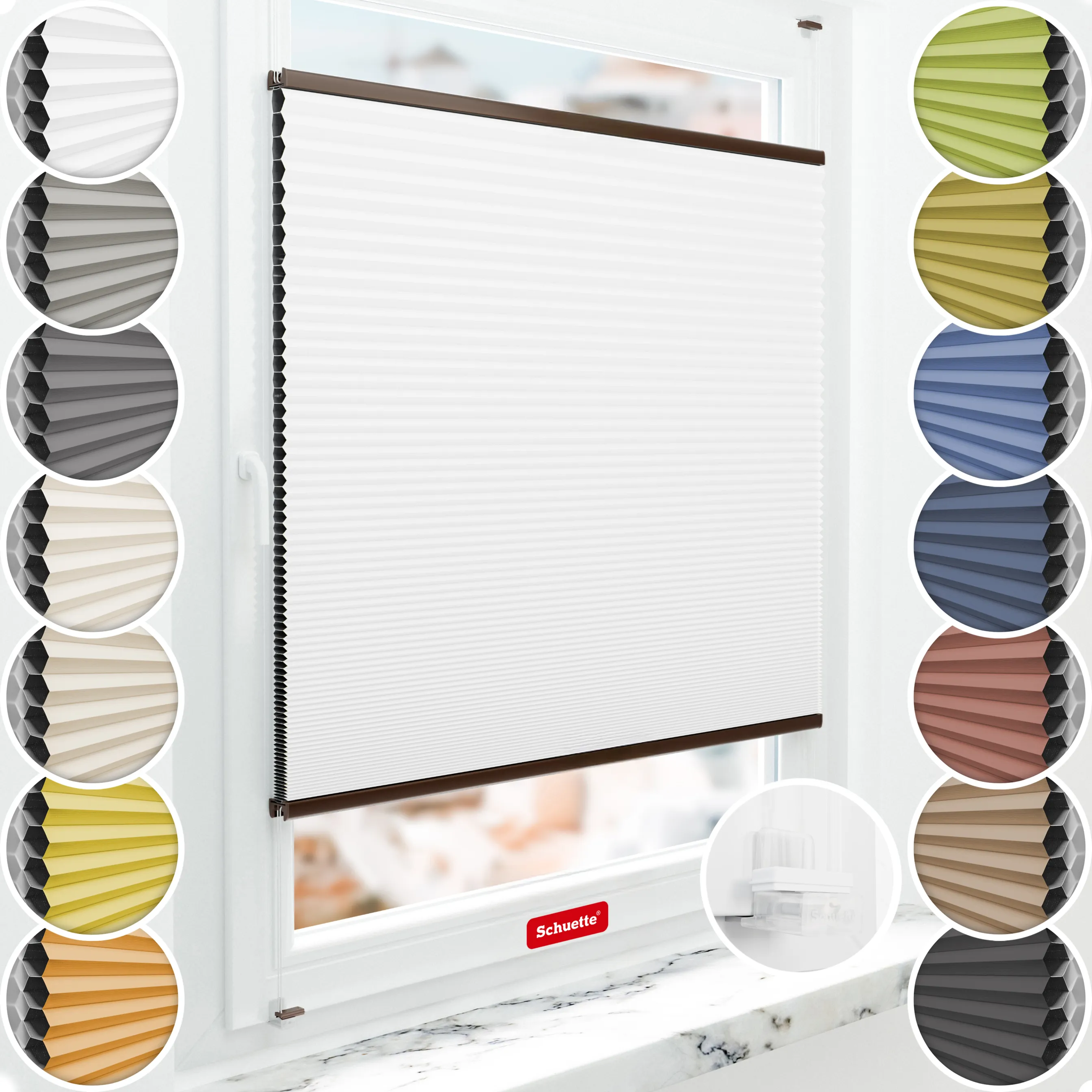 Schuette® Wabenplissee ohne Bohren nach Maß • Suprafix Klemmhalter “Incognito X" • Honey Kollektion: Moonlight (Weiß) • Profilfarbe: Braun