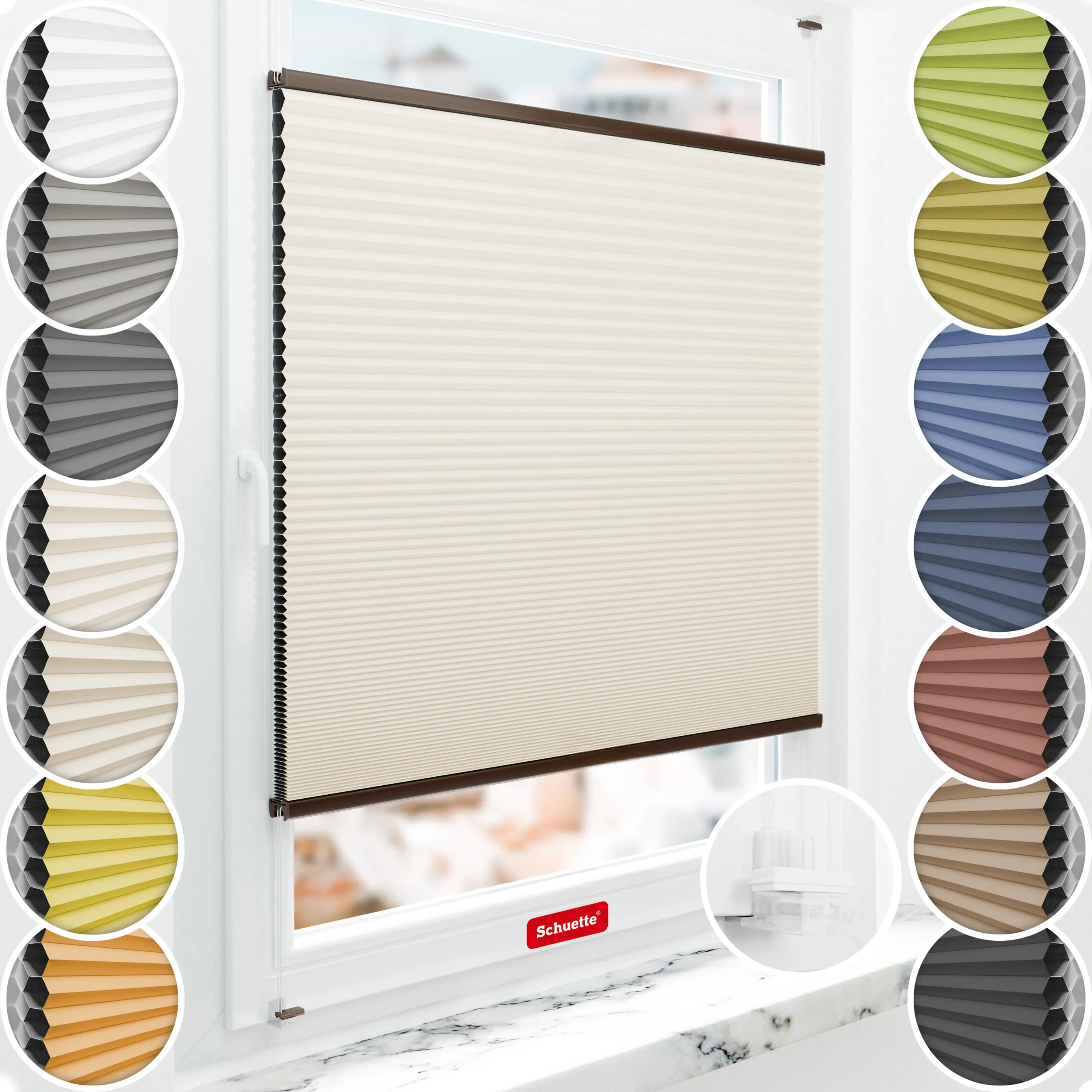 Schuette® Wabenplissee ohne Bohren nach Maß • Suprafix Klemmhalter “Incognito X" • Honey Kollektion: Calm Coast (Beige) • Profilfarbe: Braun