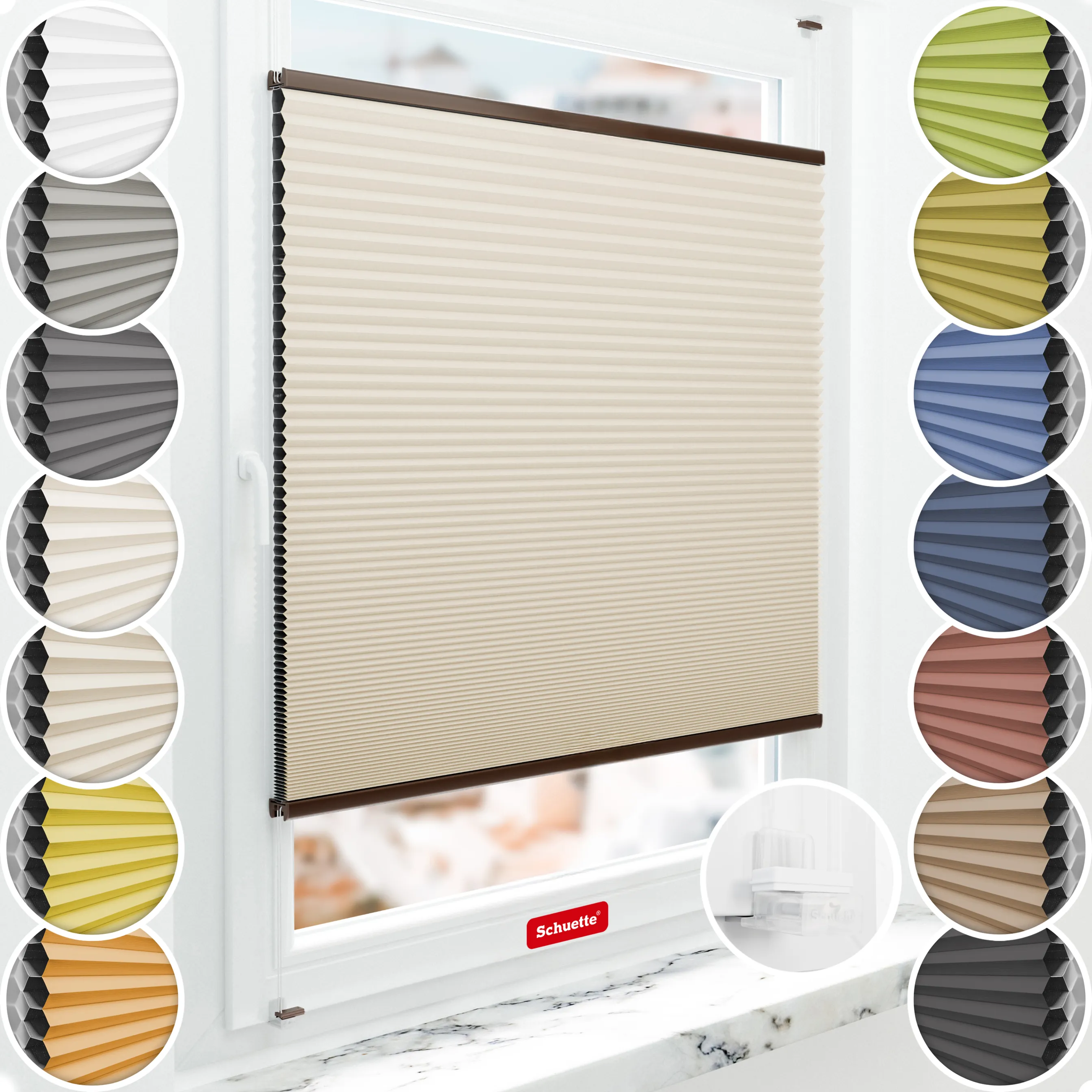 Schuette® Wabenplissee ohne Bohren nach Maß • Suprafix Klemmhalter “Incognito X" • Honey Kollektion: The Dune (Beige) • Profilfarbe: Braun