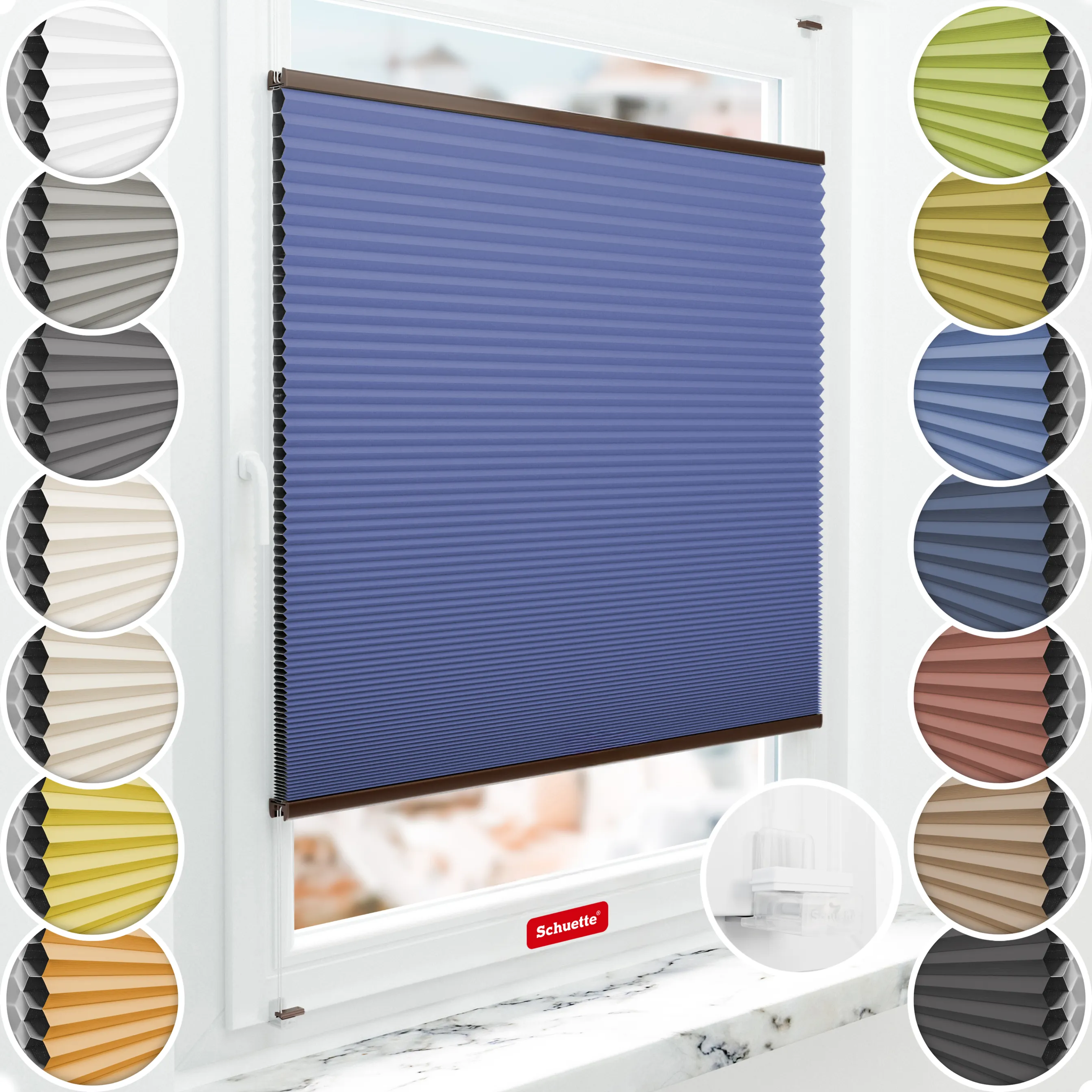 Schuette® Wabenplissee ohne Bohren nach Maß • Suprafix Klemmhalter “Incognito X" • Honey Kollektion: Skyline (Blau) • Profilfarbe: Braun