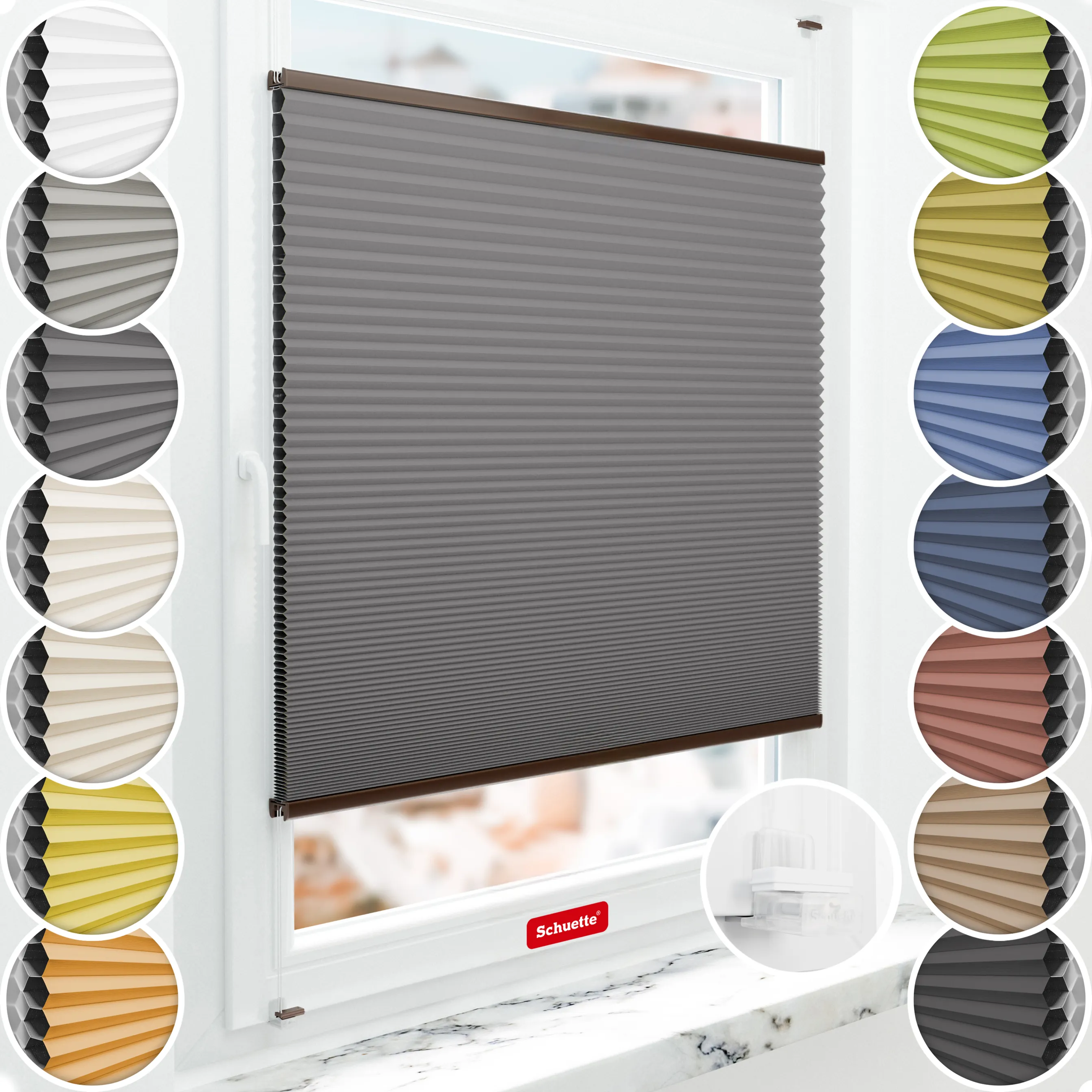 Schuette® Wabenplissee ohne Bohren nach Maß • Suprafix Klemmhalter “Incognito X" • Honey Kollektion: Twilight Tango (Grau) • Profilfarbe: Braun