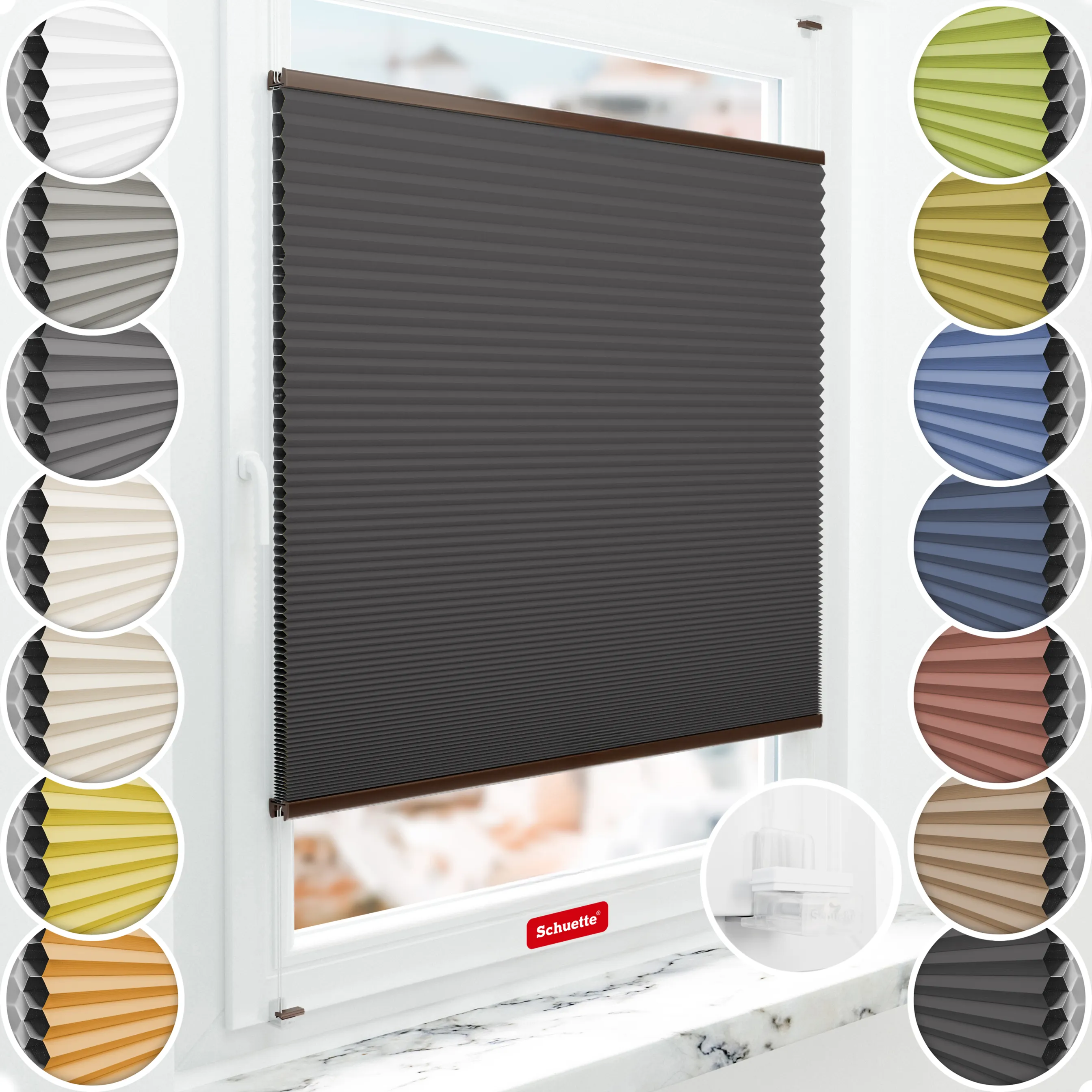 Schuette® Wabenplissee ohne Bohren nach Maß • Suprafix Klemmhalter “Incognito X" • Honey Kollektion: Starry Night (Schwarz) • Profilfarbe: Braun