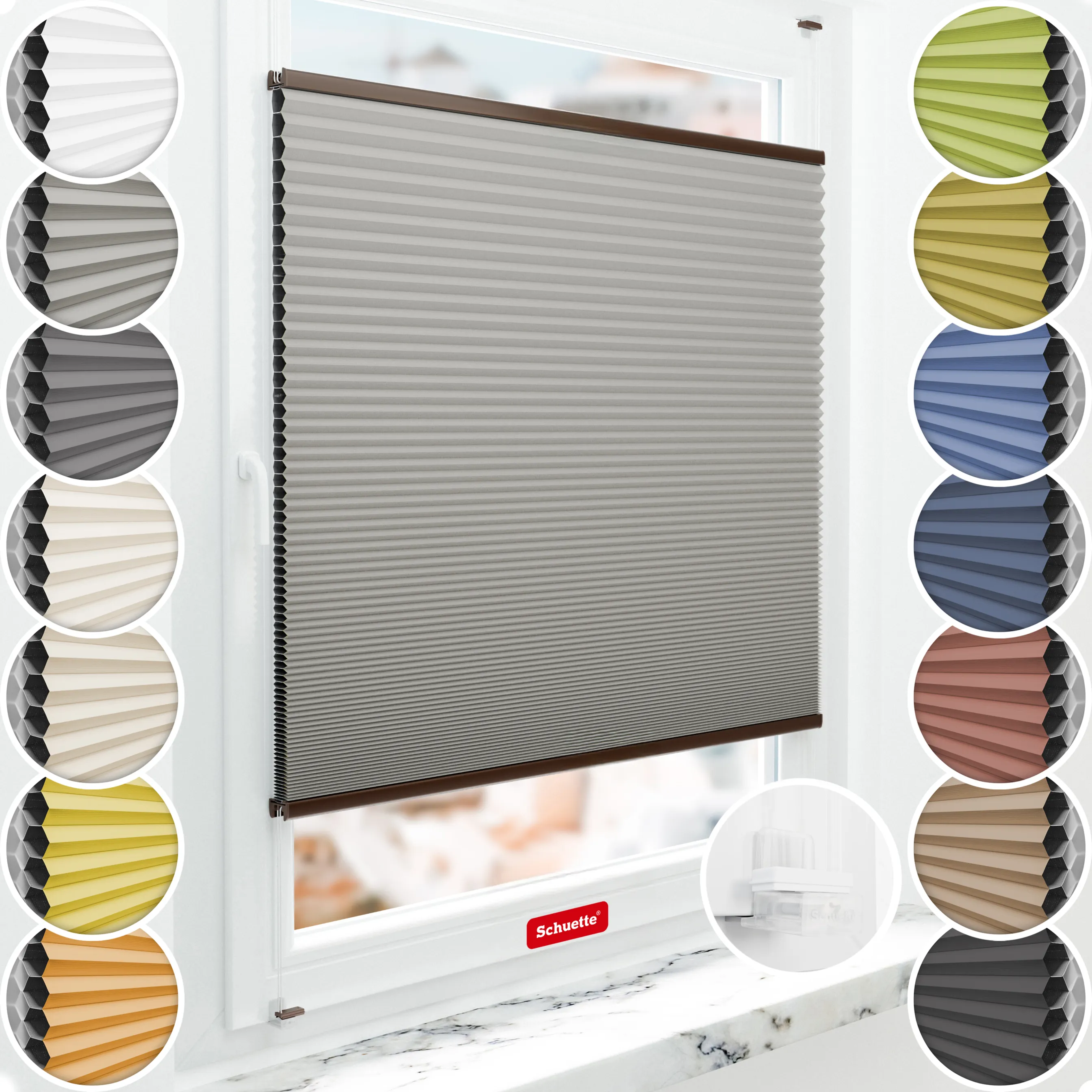 Schuette® Wabenplissee ohne Bohren nach Maß • Suprafix Klemmhalter “Incognito X" • Honey Kollektion: Silver Mist (Grau) • Profilfarbe: Braun