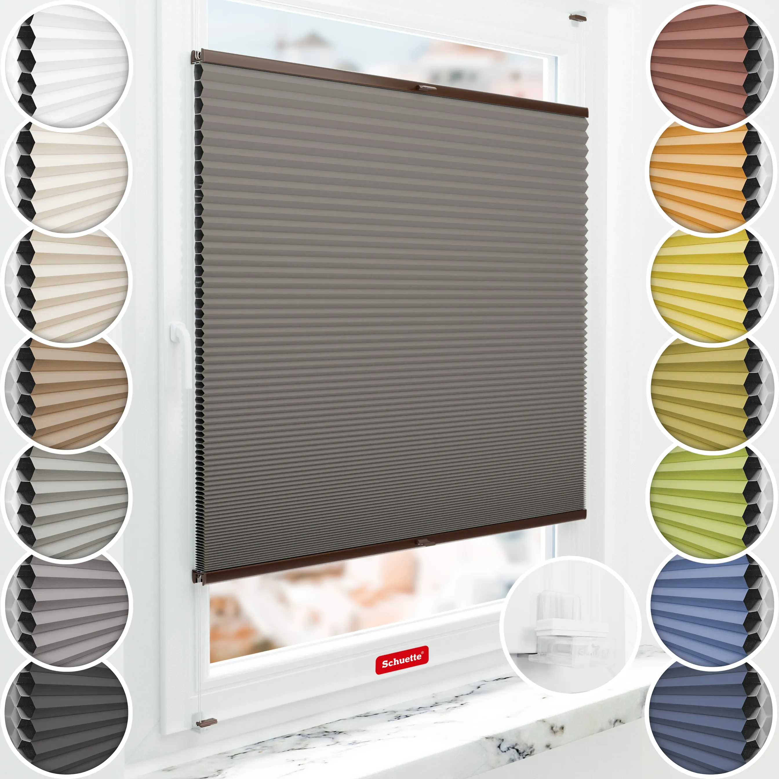 Schuette® Wabenplissee ohne Bohren nach Maß • Suprafix Klemmhalter “Incognito X" • Honey Kollektion: Swiss Chocolate (Taupe) • Profilfarbe: Braun