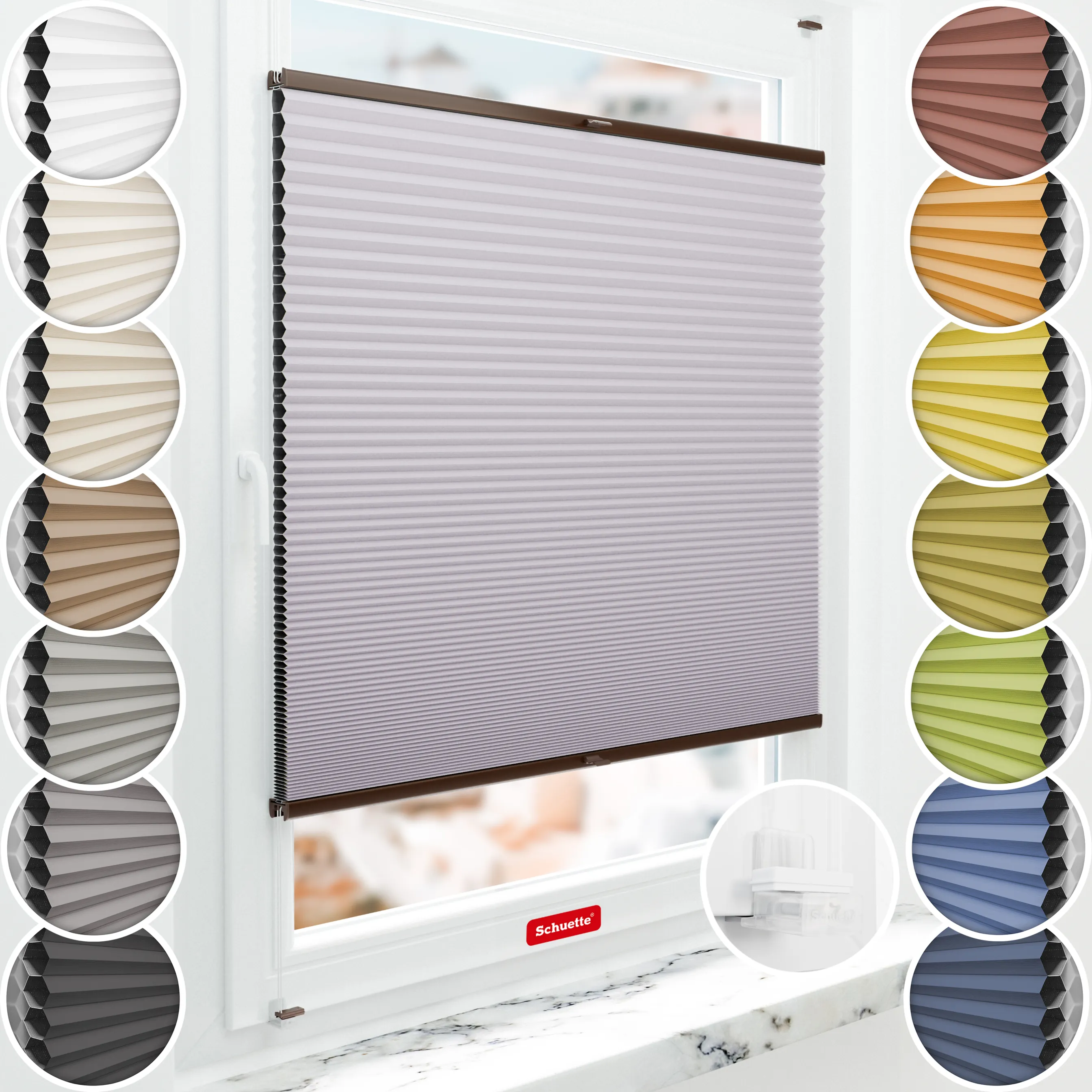 Schuette® Wabenplissee ohne Bohren nach Maß • Suprafix Klemmhalter “Incognito X" • Honey Kollektion: Sakura Sky (Pastelllila) • Profilfarbe: Braun
