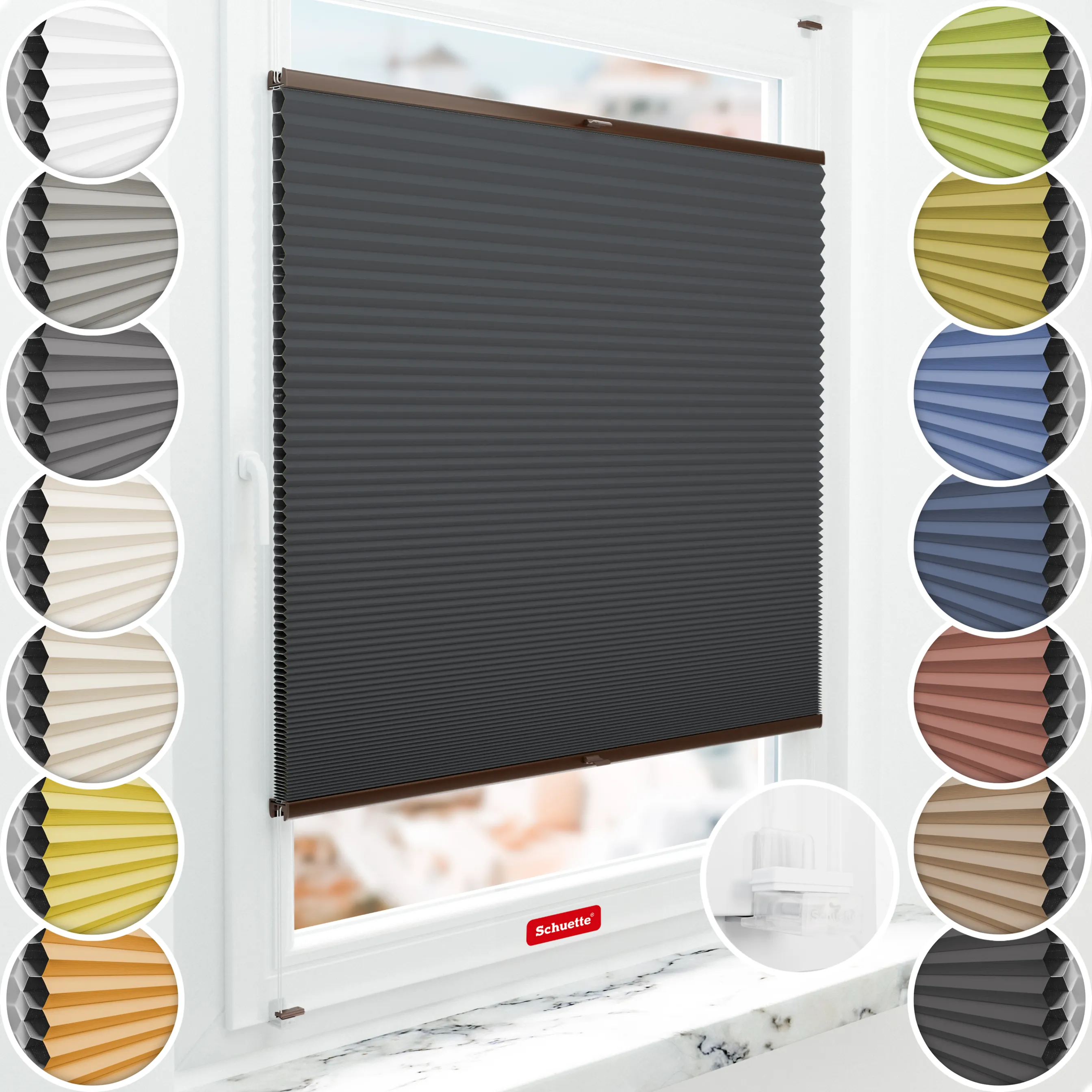 Schuette® Wabenplissee ohne Bohren nach Maß • Suprafix Klemmhalter “Incognito X" • Honey Kollektion: Night Rider (Anthrazit) • Profilfarbe: Braun