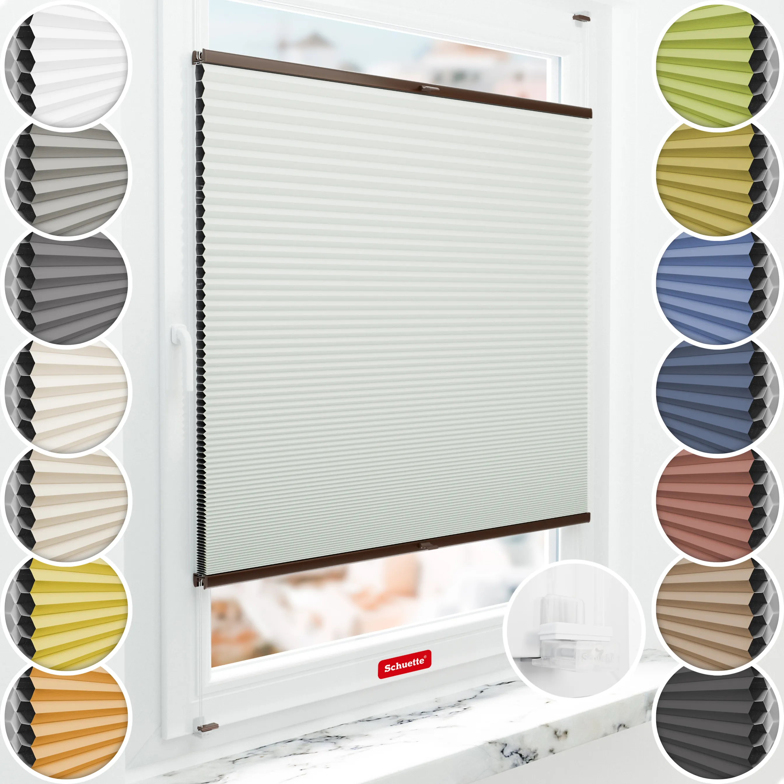 Schuette® Wabenplissee ohne Bohren nach Maß • Suprafix Klemmhalter “Incognito X" • Honey Kollektion: Tinkerbell Twinkle (Pastellgrün) • Profilfarbe: Braun