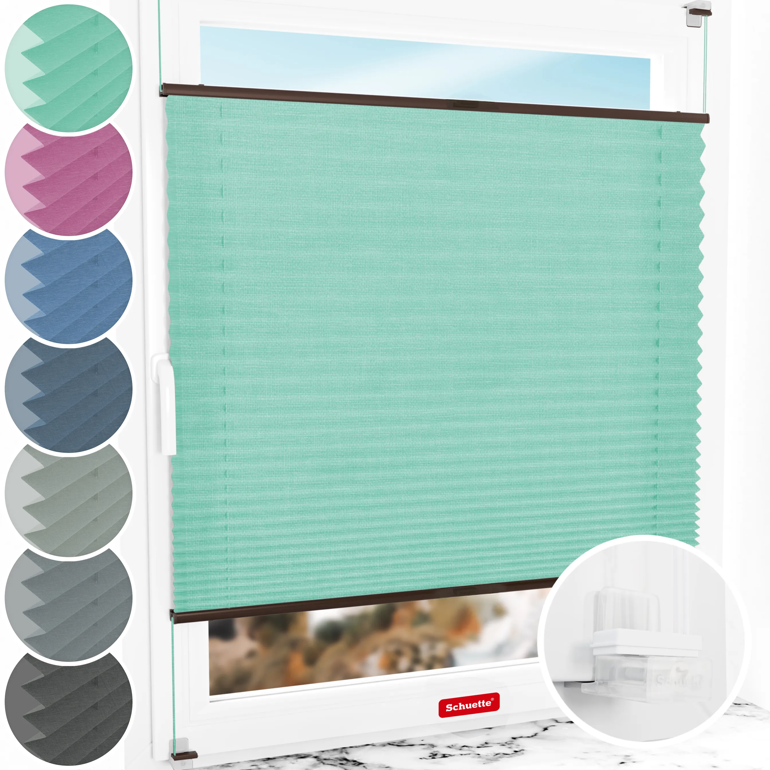 Schuette® Plissee ohne Bohren nach Maß • Suprafix Klemmhalter “Incognito X" • Melange Kollektion: Mint Ice Cream (Grün) • Profilfarbe: Braun