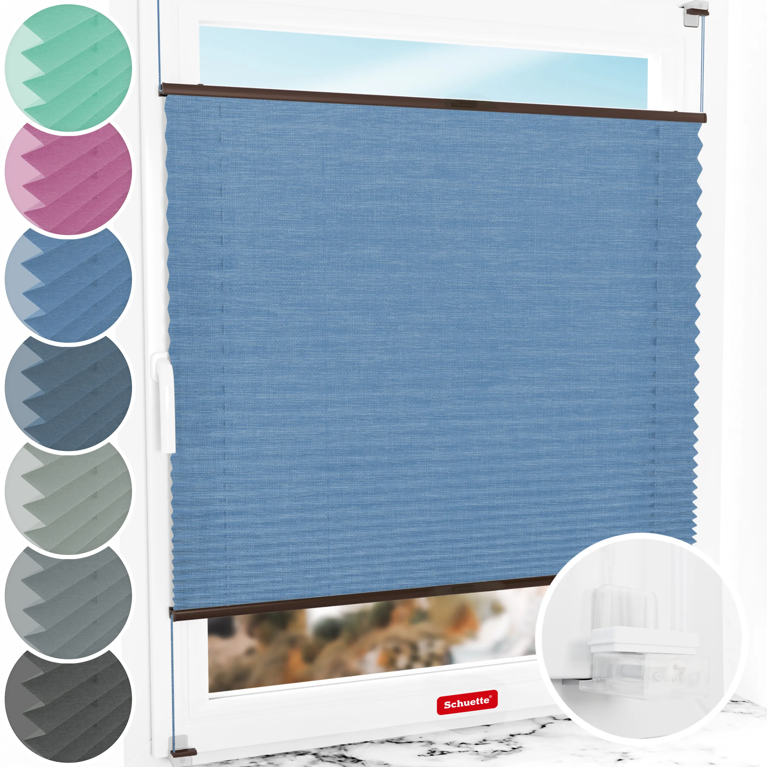 Schuette® Plissee ohne Bohren nach Maß • Suprafix Klemmhalter “Incognito X" • Melange Kollektion: Deep Sea (Blau) • Profilfarbe: Braun