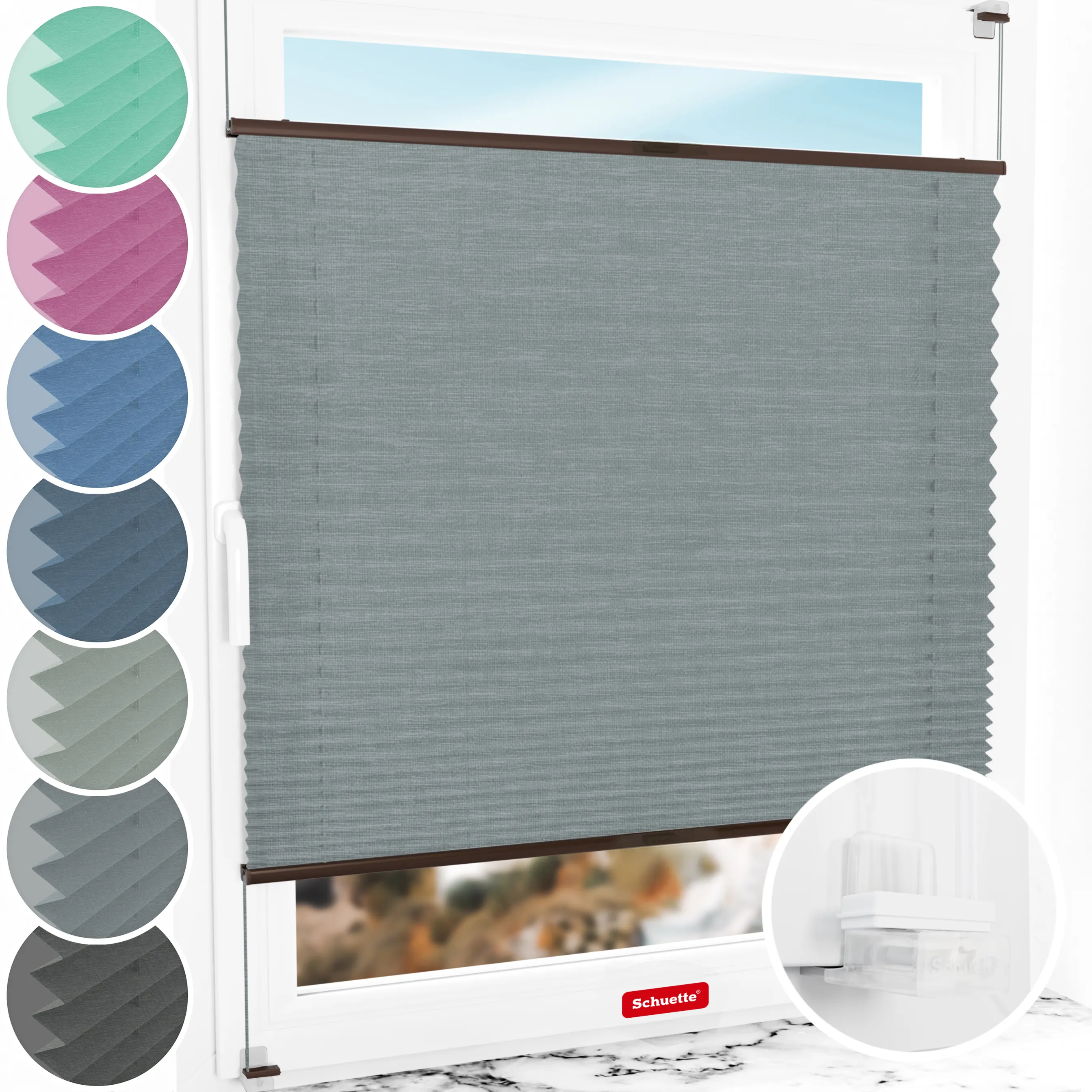 Schuette® Plissee ohne Bohren nach Maß • Suprafix Klemmhalter “Incognito X" • Melange Kollektion: Rocky Mountain (Grau) • Profilfarbe: Braun