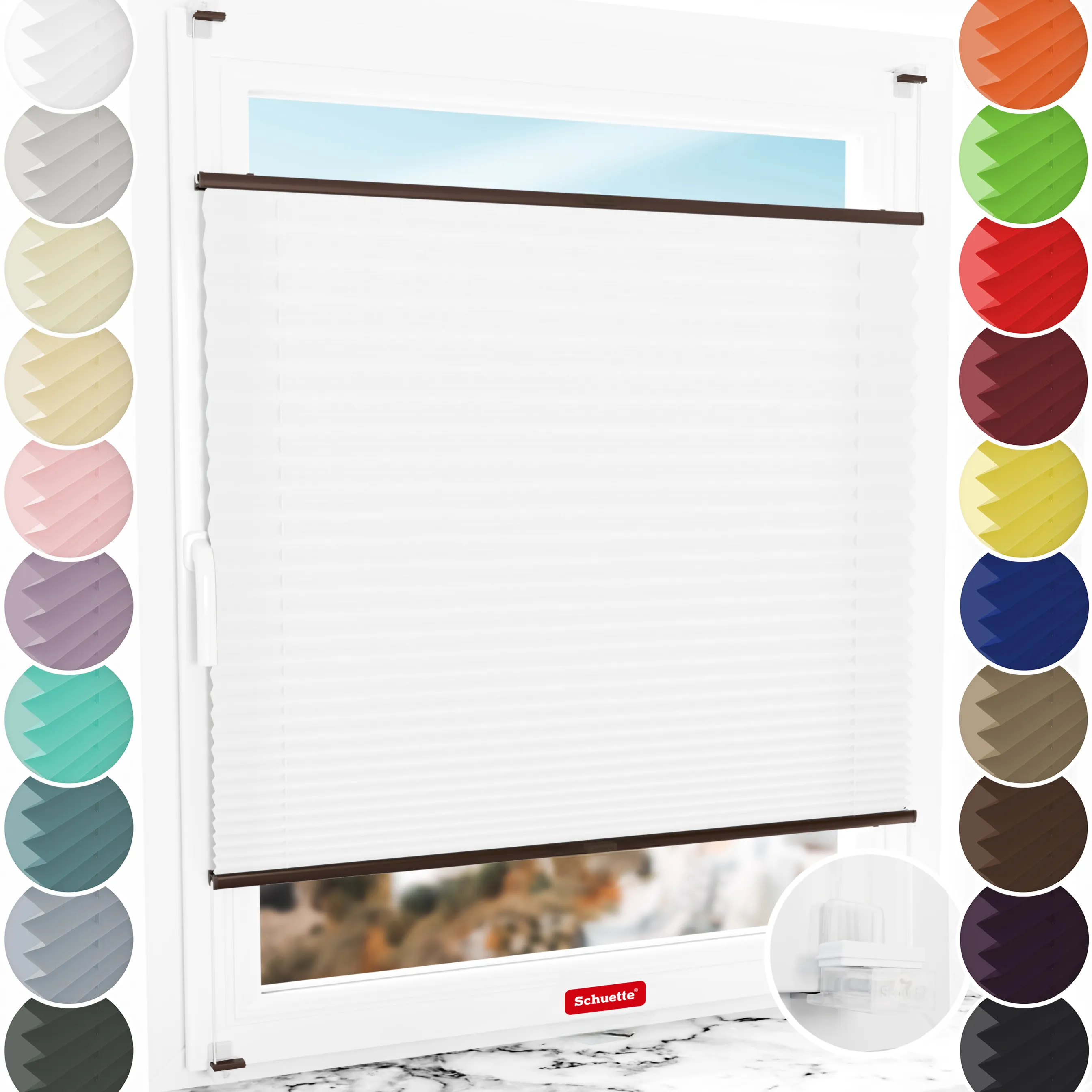 Schuette® Plissee ohne Bohren nach Maß • Suprafix Klemmhalter “Incognito X" • Premium Kollektion: White Day (Weiß) • Profilfarbe: Braun