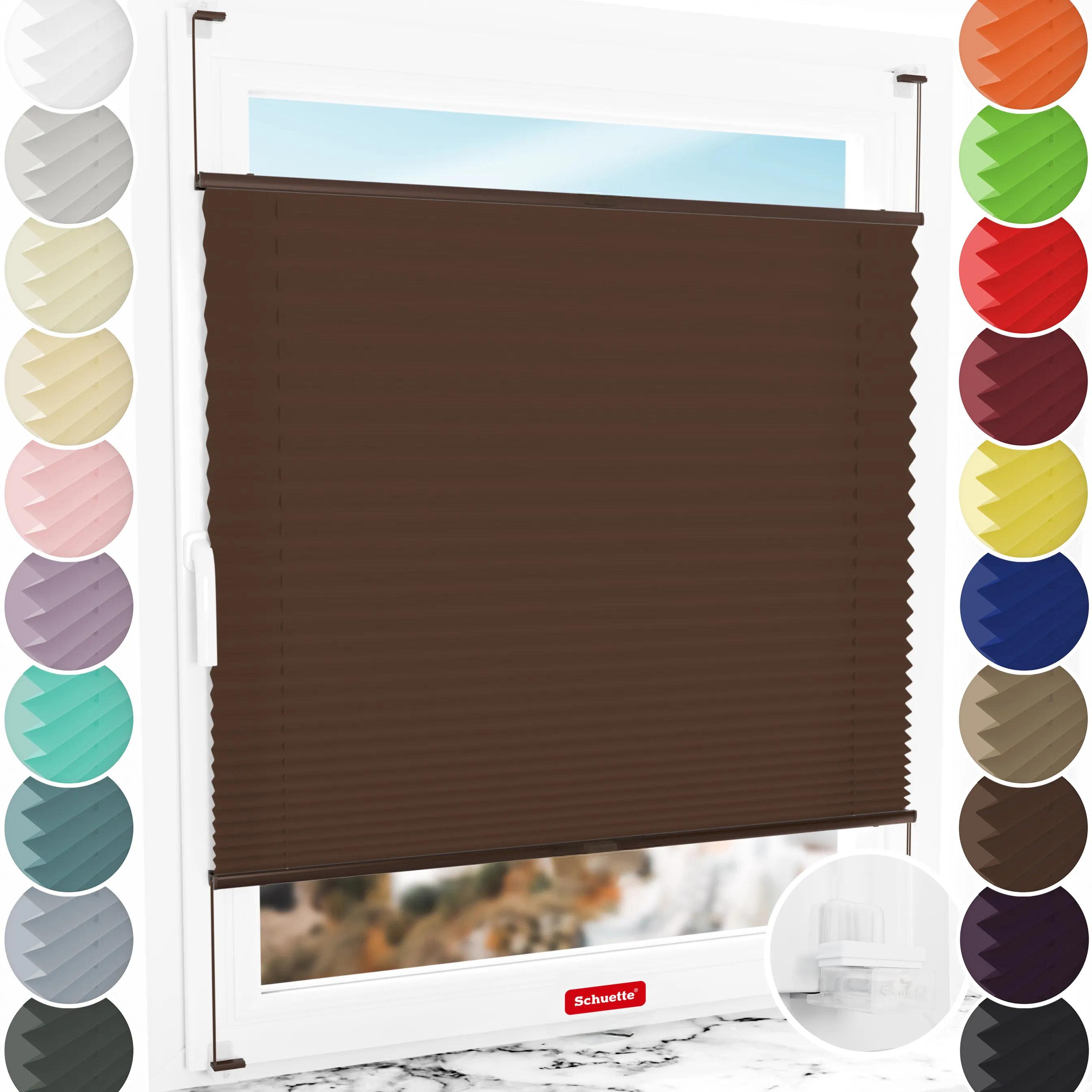 Schuette® Plissee ohne Bohren nach Maß • Suprafix Klemmhalter “Incognito X" • Premium Kollektion: Hot Chocolate (Dunkelbraun) • Profilfarbe: Braun