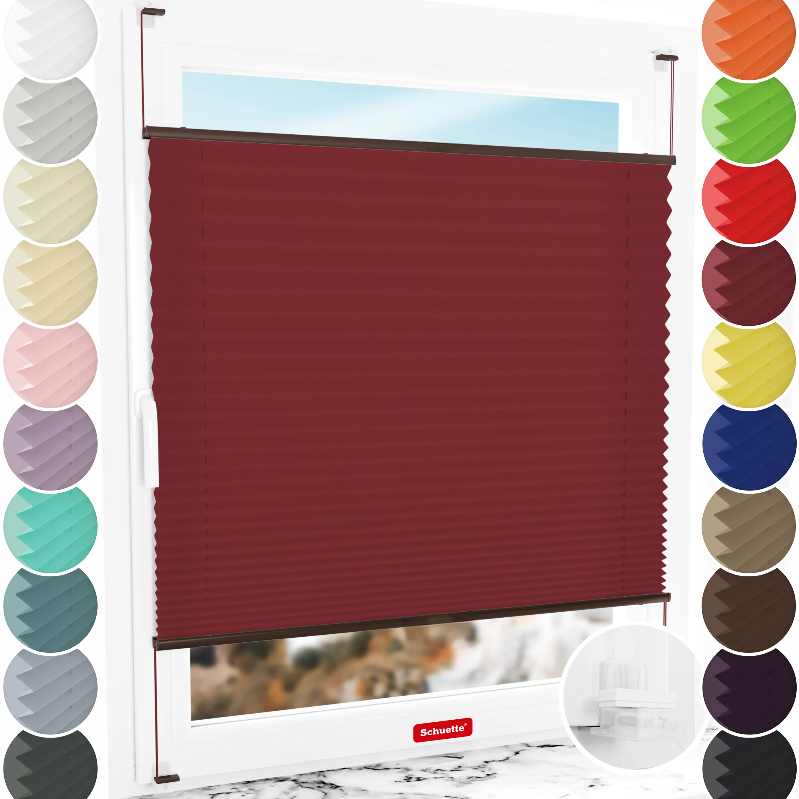 Schuette® Plissee ohne Bohren nach Maß • Suprafix Klemmhalter “Incognito X" • Premium Kollektion: Ruby Riddle (Dunkelrot) • Profilfarbe: Braun