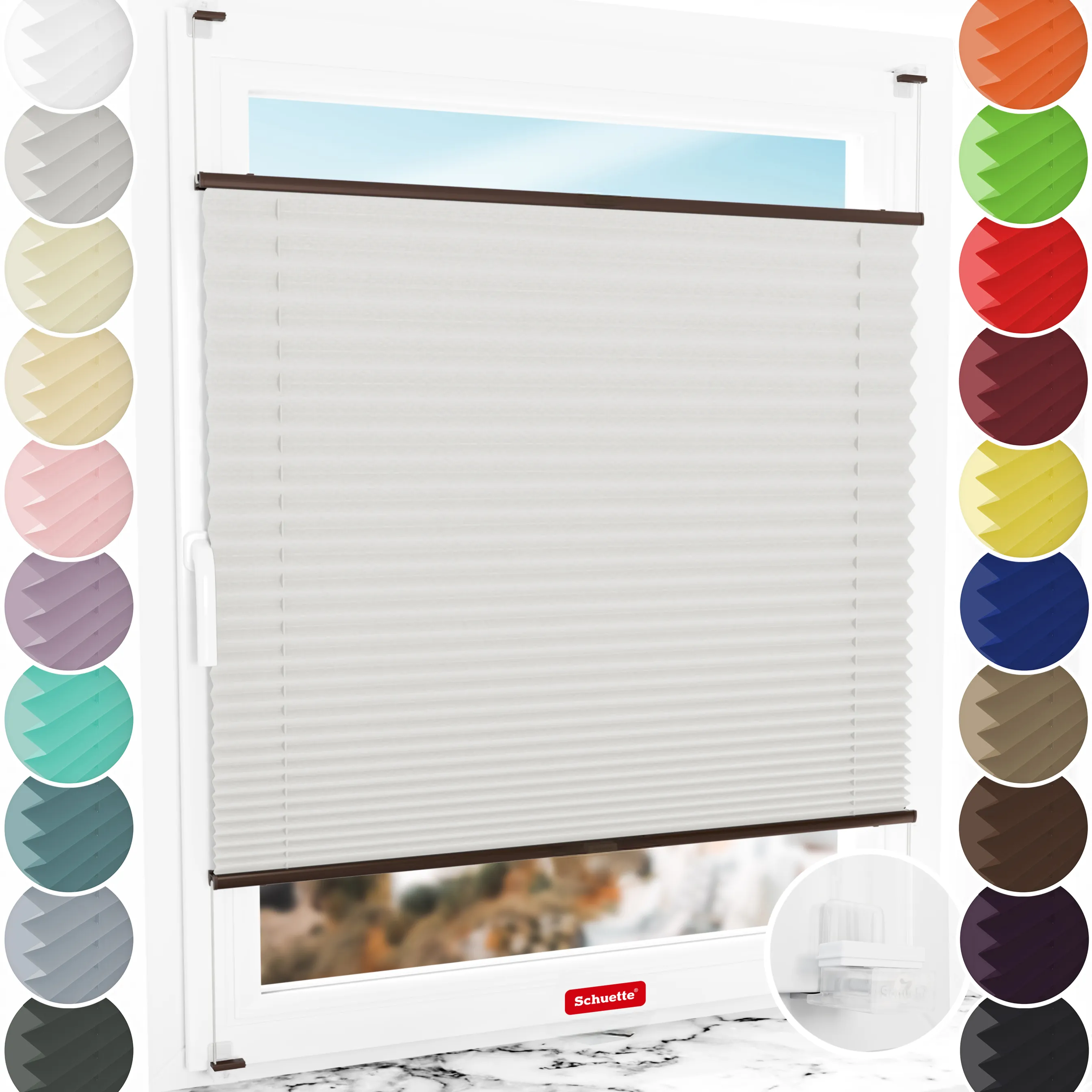 Schuette® Plissee ohne Bohren nach Maß • Suprafix Klemmhalter “Incognito X" • Thermo Kollektion: Spring Cloud (Grau) • Profilfarbe: Braun