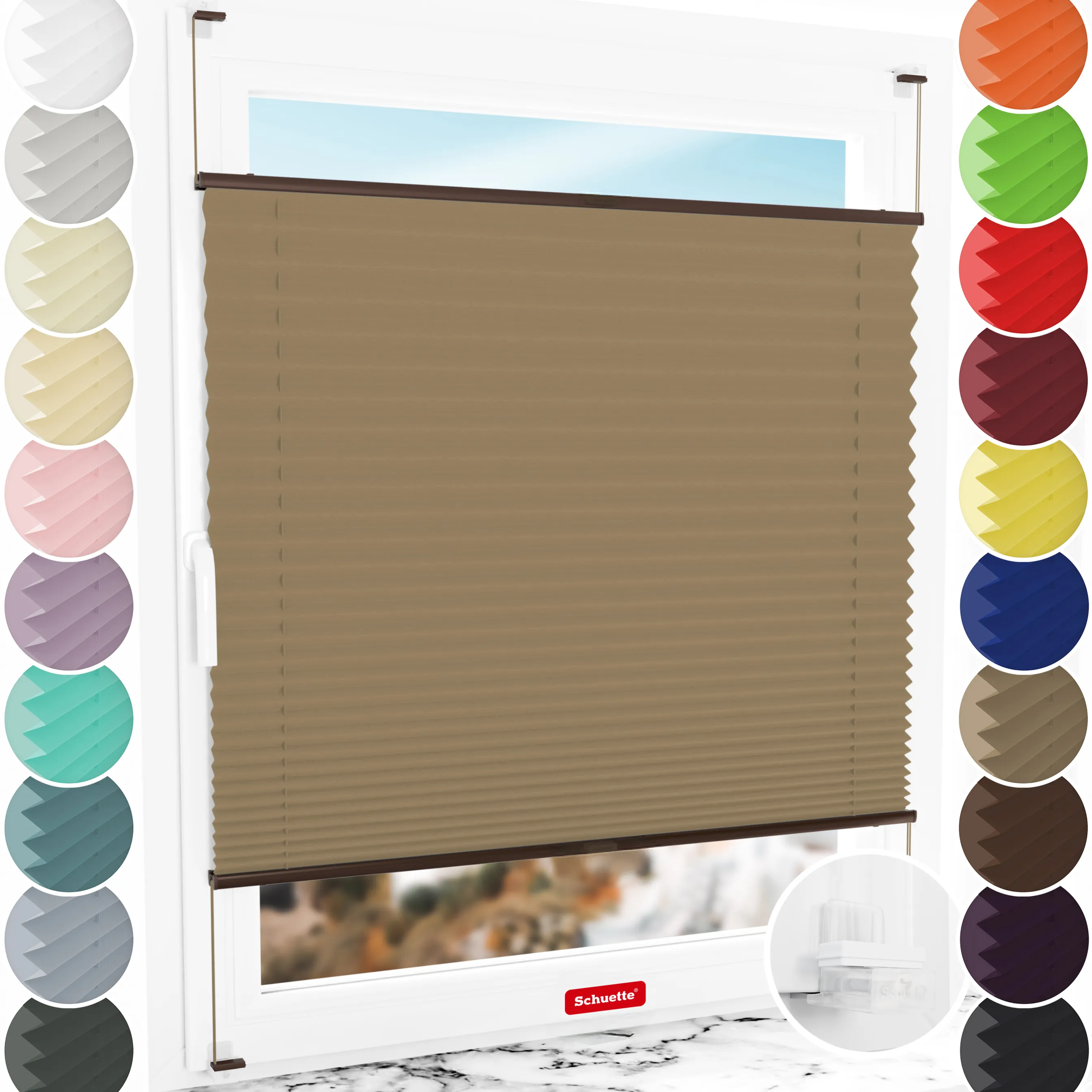 Schuette® Plissee ohne Bohren nach Maß • Suprafix Klemmhalter “Incognito X" • Thermo Kollektion: Mocha Dream (Hellbraun) • Profilfarbe: Braun
