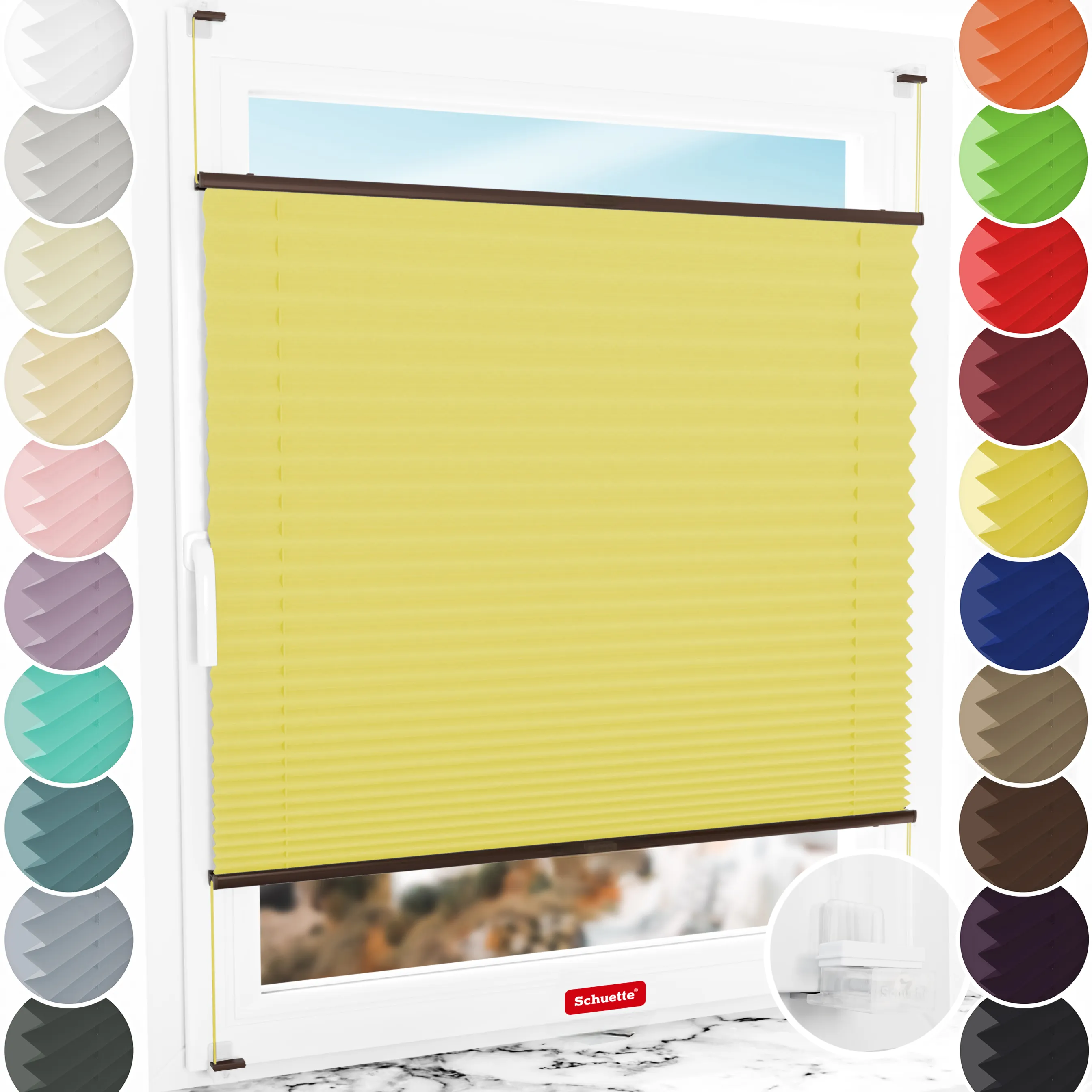 Schuette® Plissee ohne Bohren nach Maß • Suprafix Klemmhalter “Incognito X" • Thermo Kollektion: Sunflower (Gelb) • Profilfarbe: Braun