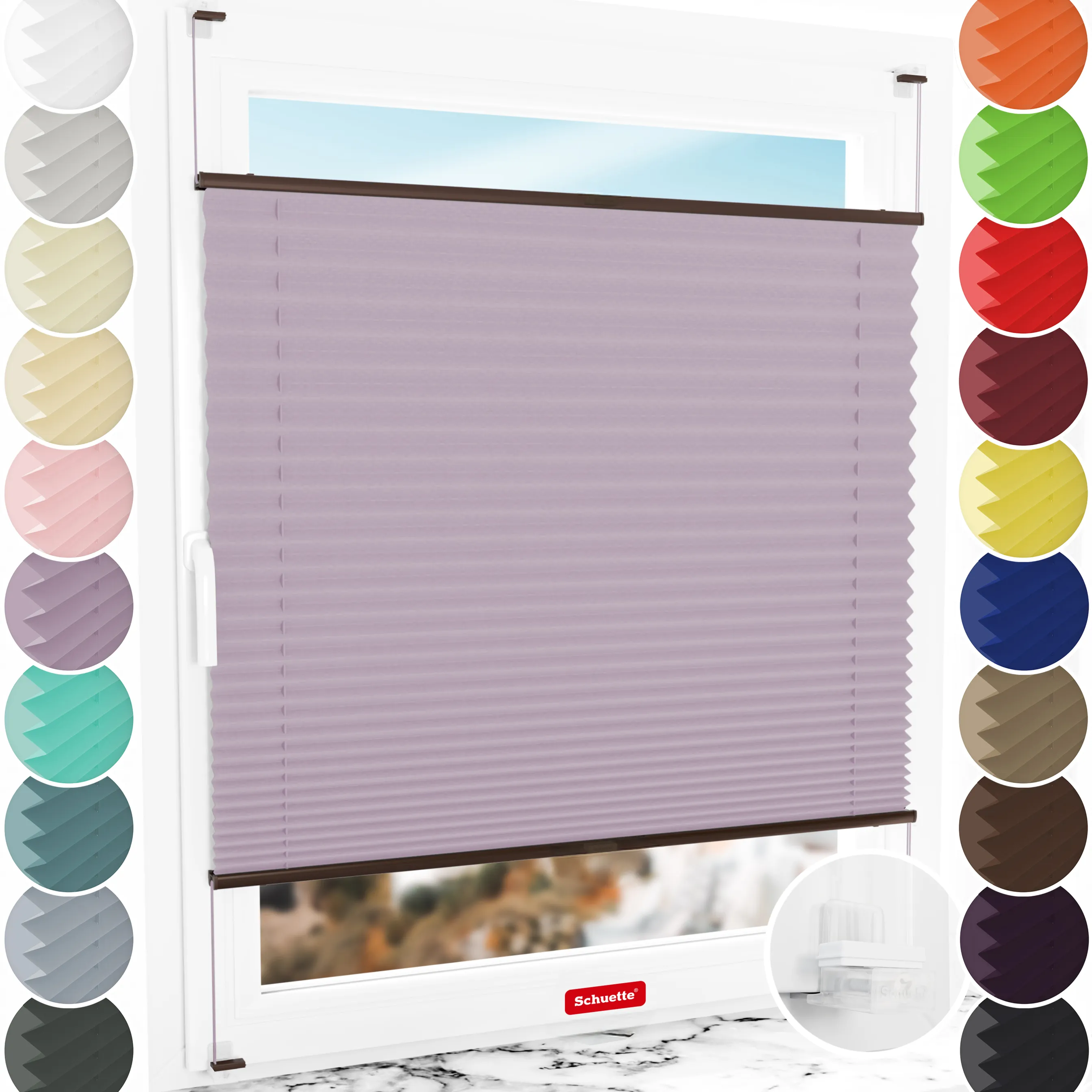 Schuette® Plissee ohne Bohren nach Maß • Suprafix Klemmhalter “Incognito X" • Thermo Kollektion: Pastel Grape (lila) • Profilfarbe: Braun